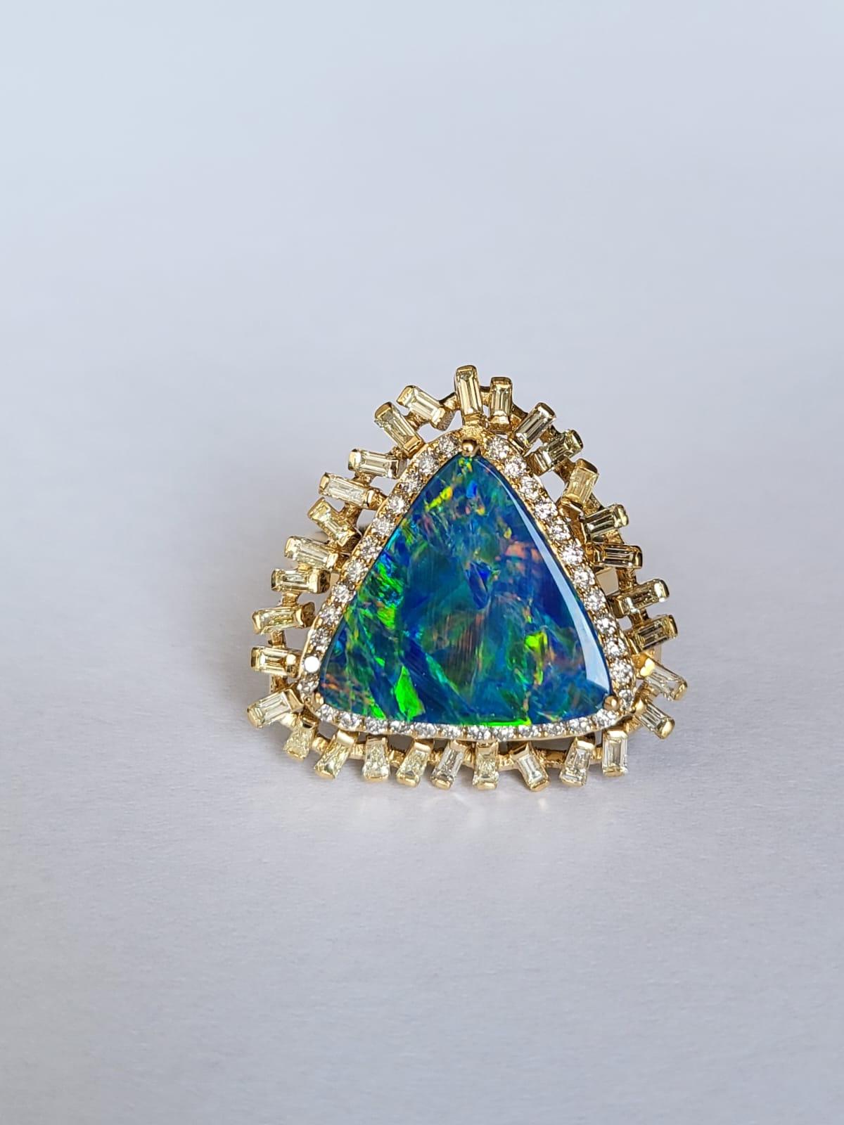 Women's or Men's 3.18 Carats, Doublet Opal & Yellow Tapered Baguette Diamonds Cocktail Ring For Sale