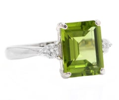 3.18 Carats Natural Peridot and Diamond 14k Solid White Gold Ring