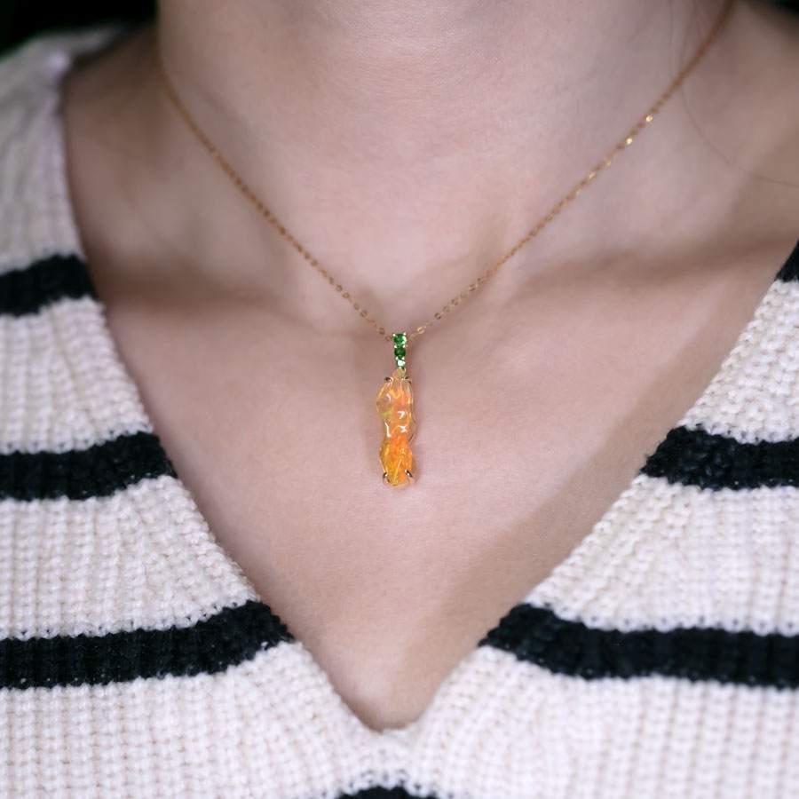 Arts and Crafts 3.18 ct Fire Opal, Tsavorite Pendant Necklace 18K Yellow Gold For Sale