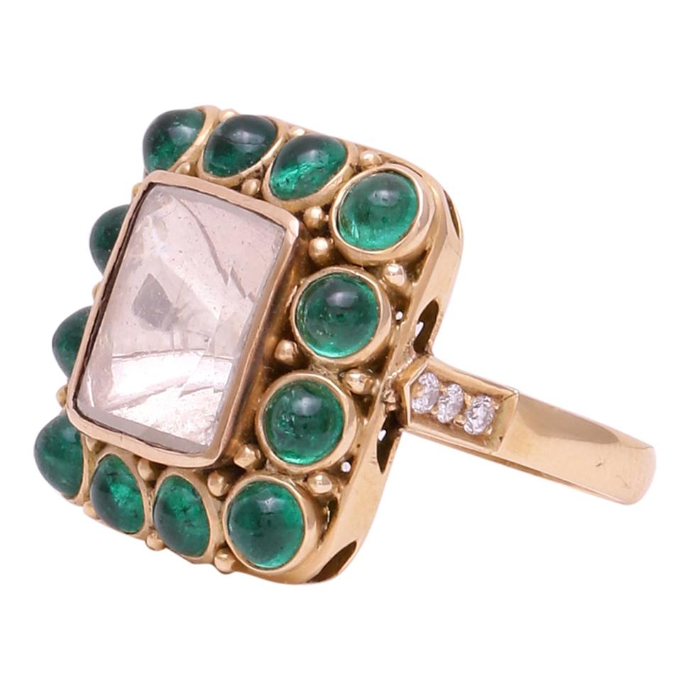 2.24 cts Diamond Rosecut and Emerald Round Cabochon Ring Handcrafted in 18k Gold