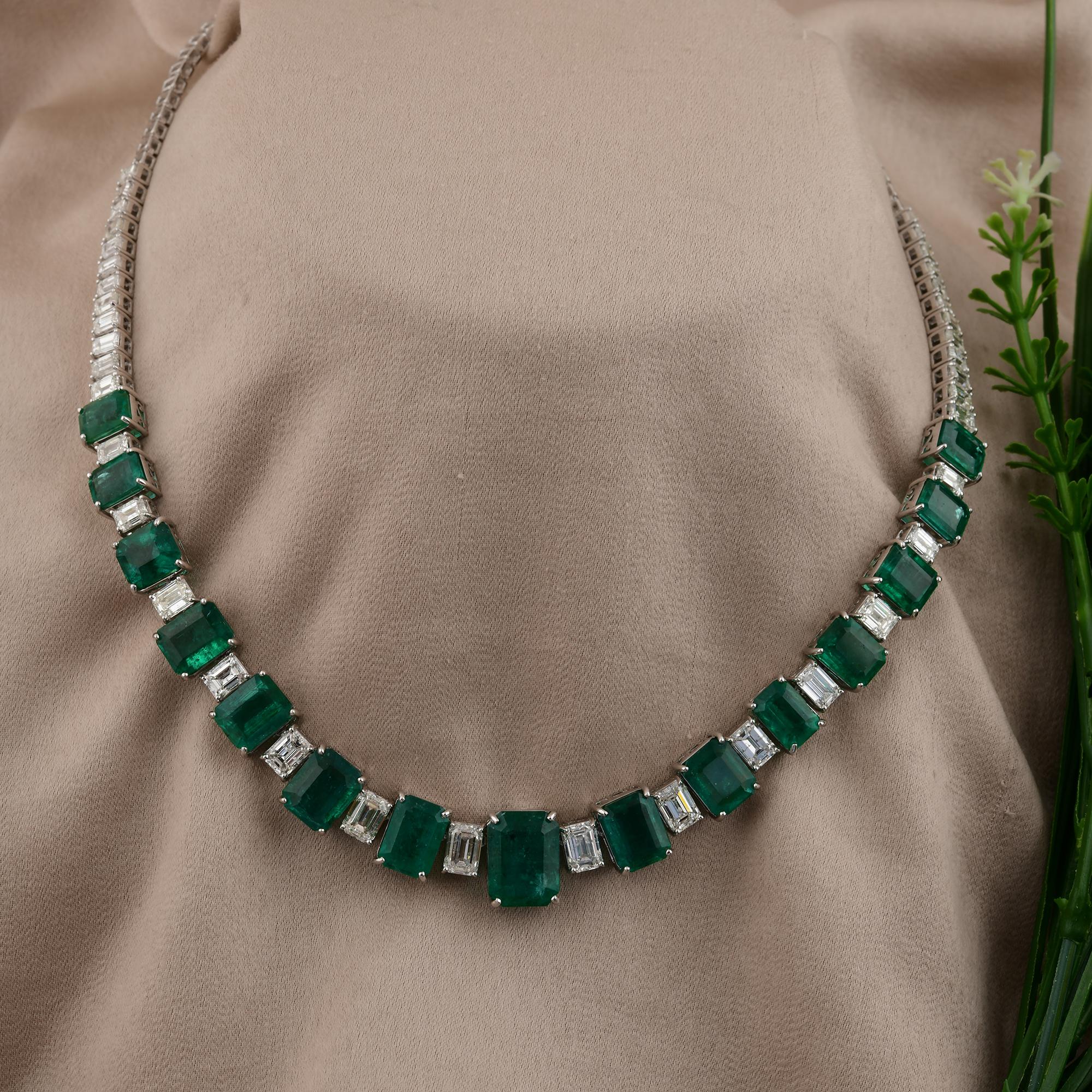 Art Deco 31.83ct Zambian Emeralds 11.30ct Diamonds 18k White Gold Statement Necklace For Sale