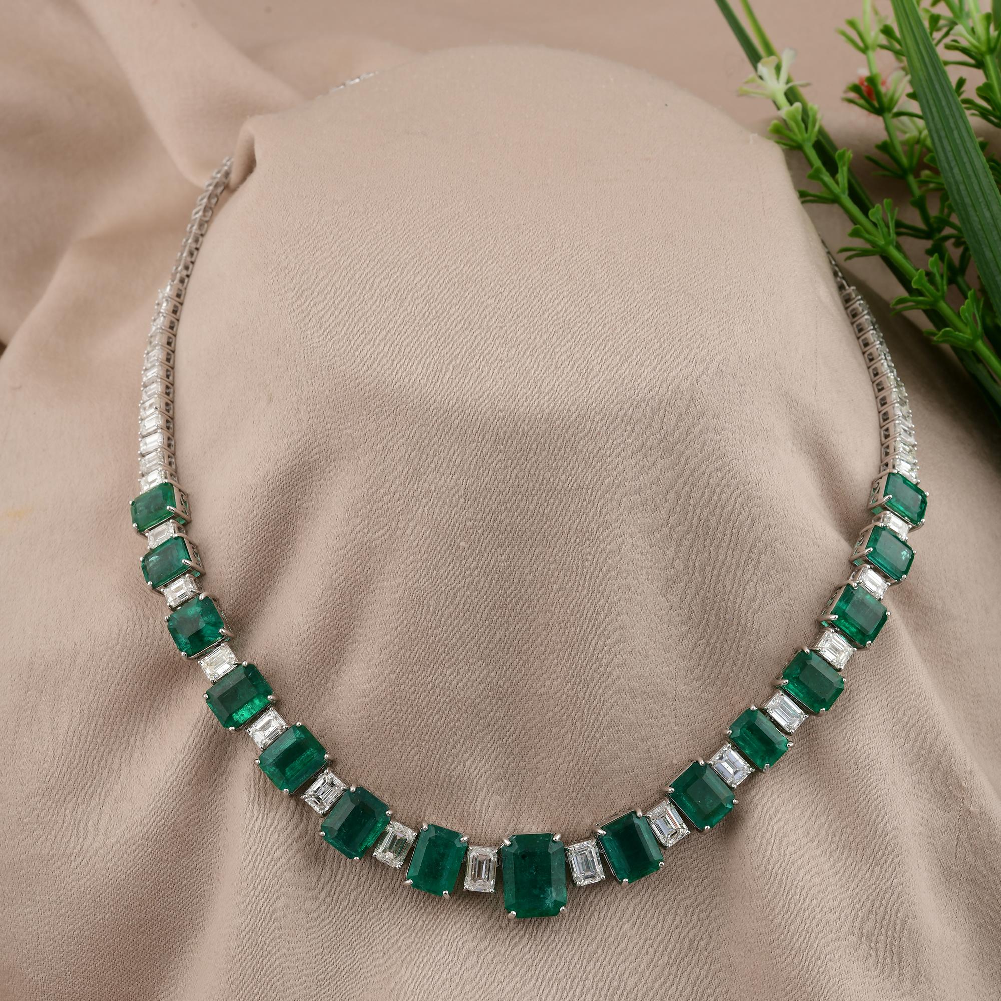 Octagon Cut 31.83ct Zambian Emeralds 11.30ct Diamonds 18k White Gold Statement Necklace For Sale