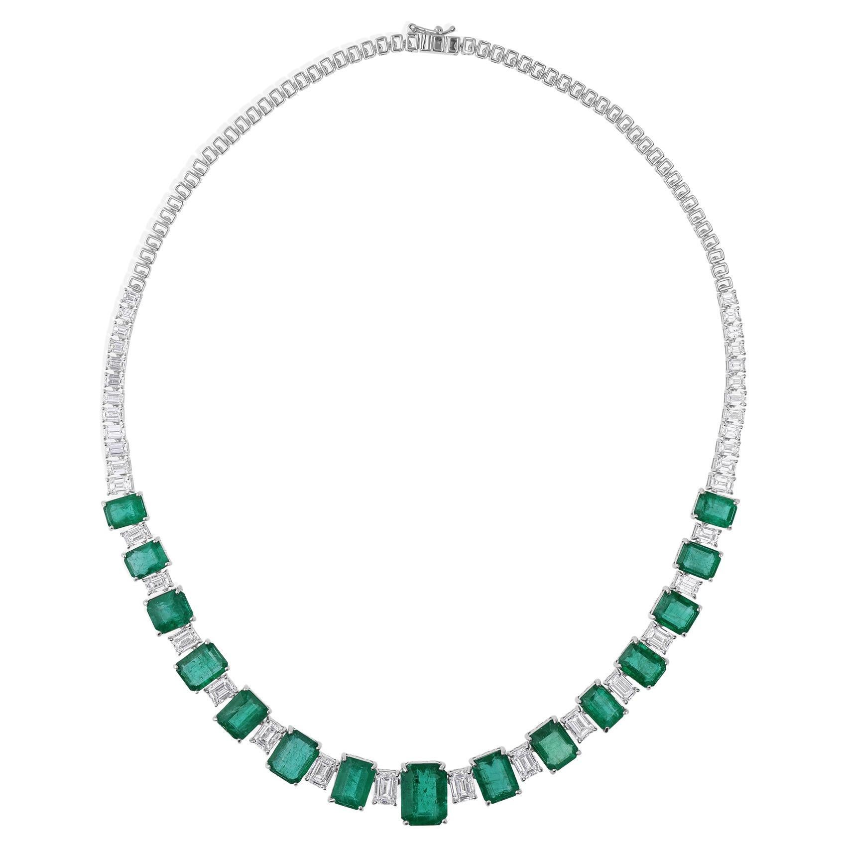 31.83ct Zambian Emeralds 11.30ct Diamonds 18k White Gold Statement Necklace For Sale