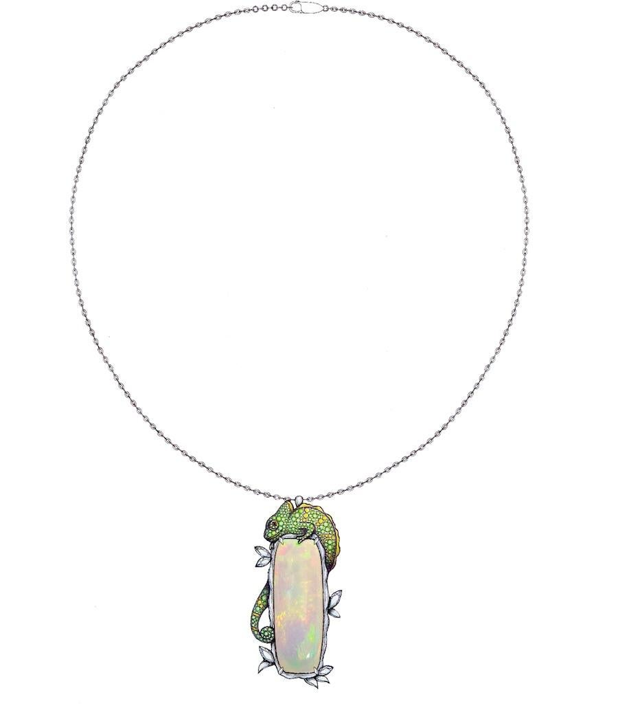 Pendentif Chameleon en opale 31,84 carats avec diamants, saphirs et tsavorites en vente 5