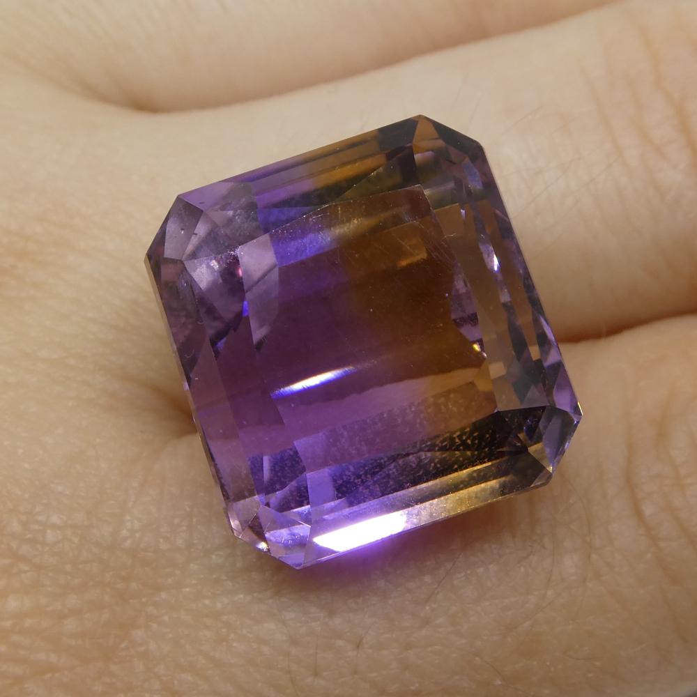 Description:

Gem Type: Ametrine
Number of Stones: 1
Weight: 31.87 cts
Measurements: 18x16.80x13 mm
Shape: Square
Cutting Style Crown: Modified Brilliant
Cutting Style Pavilion: Step Cut
Transparency: Transparent
Clarity: Very Slightly Included: Eye