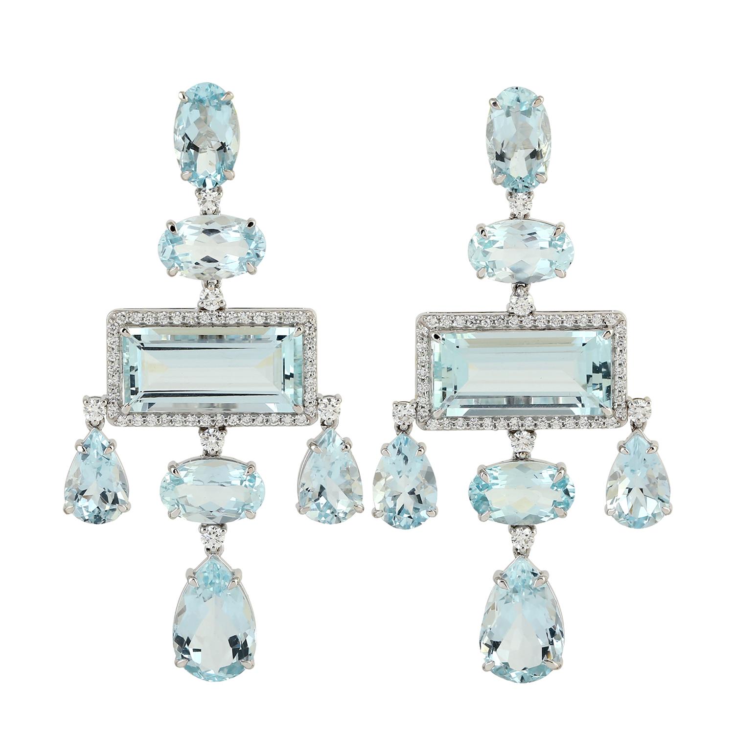 Modern 31.88 Carats Blue Topaz Diamond 14 Karat Gold Drop Earrings For Sale