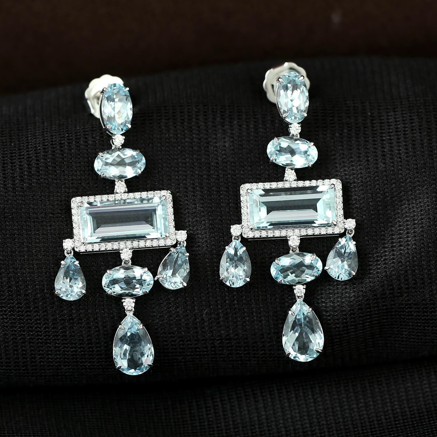 Mixed Cut 31.88 Carats Blue Topaz Diamond 14 Karat Gold Drop Earrings For Sale