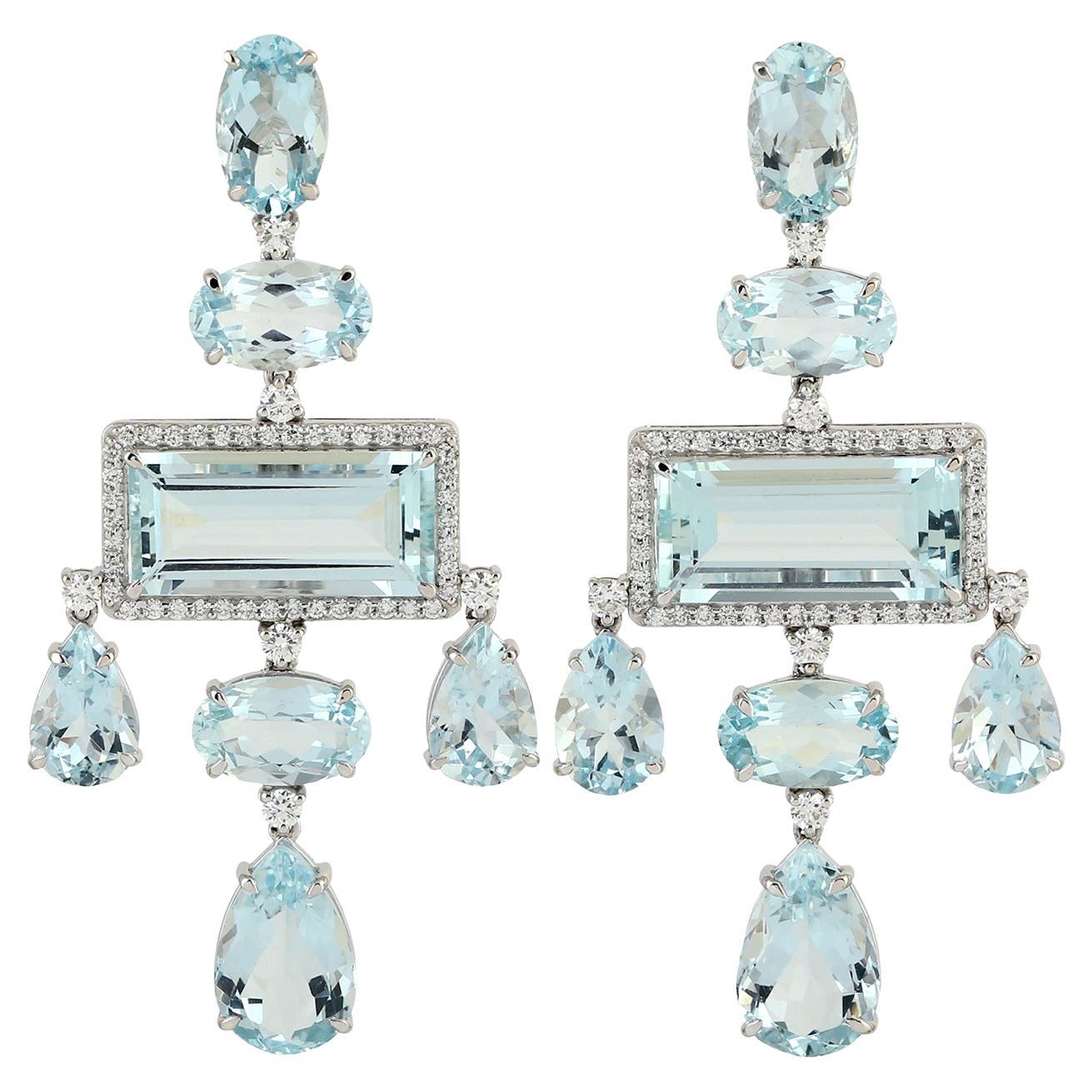 31.88 Carats Blue Topaz Diamond 14 Karat Gold Drop Earrings For Sale