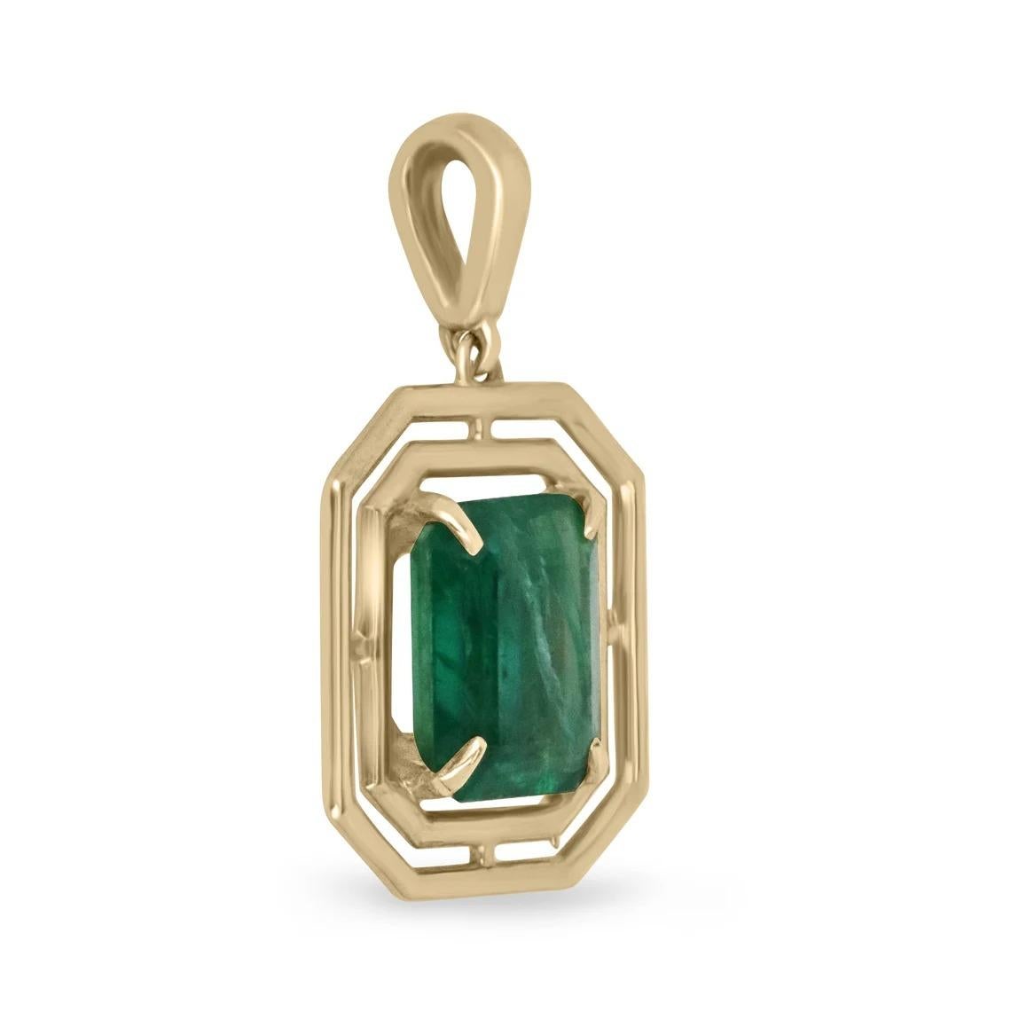 Featured is an absolutely stunning, and one-of-a-kind natural emerald pendant. The gemstone is a natural, 3.18-carat, Zambian emerald cut emerald with ravishing characteristics such as its vivid dark green color, very good transparency, excellent