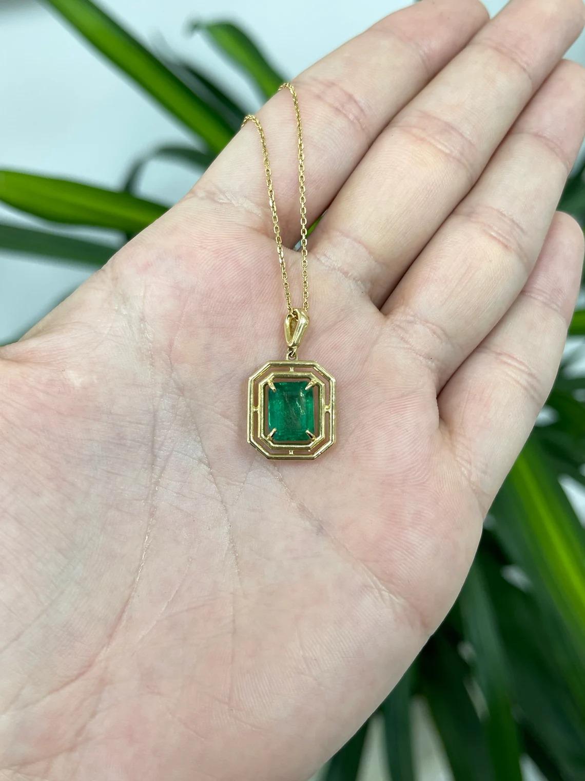 Modern 3.18ct 14K Natural Emerald-Emerald Cut Geometric Solitaire Solid Gold Pendant For Sale