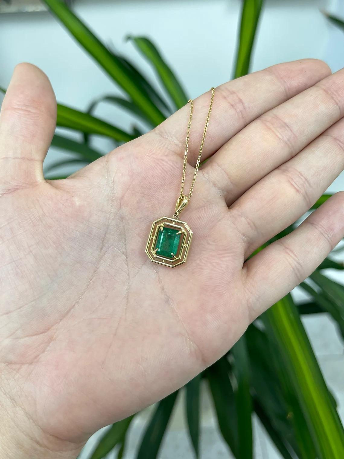 3.18ct 14K Natural Emerald-Emerald Cut Geometric Solitaire Solid Gold Pendant In New Condition For Sale In Jupiter, FL