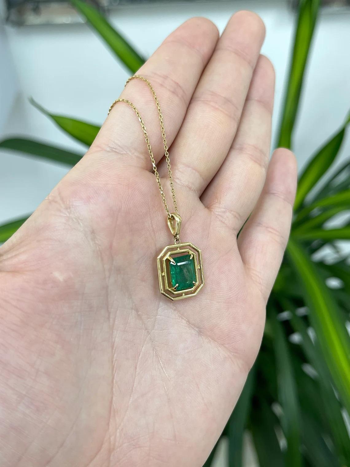 Women's or Men's 3.18ct 14K Natural Emerald-Emerald Cut Geometric Solitaire Solid Gold Pendant For Sale