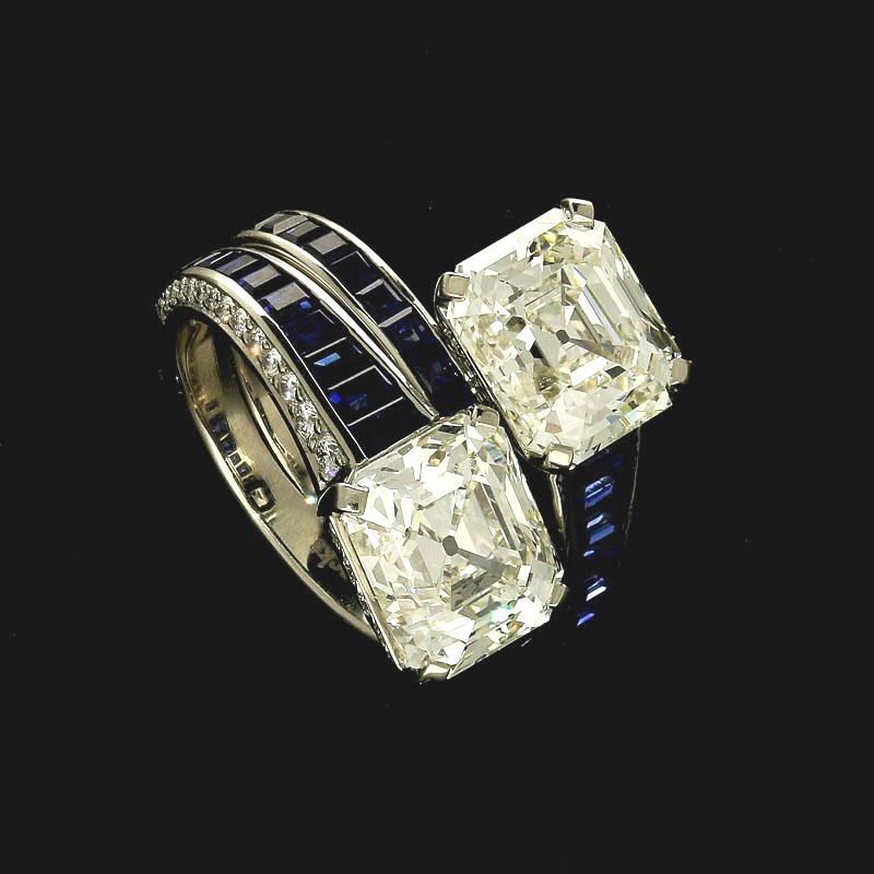 Contemporary Hancocks 3.18ct & 3.04ct Vintage Emerald-Cut Diamond and Sapphire x Over Ring