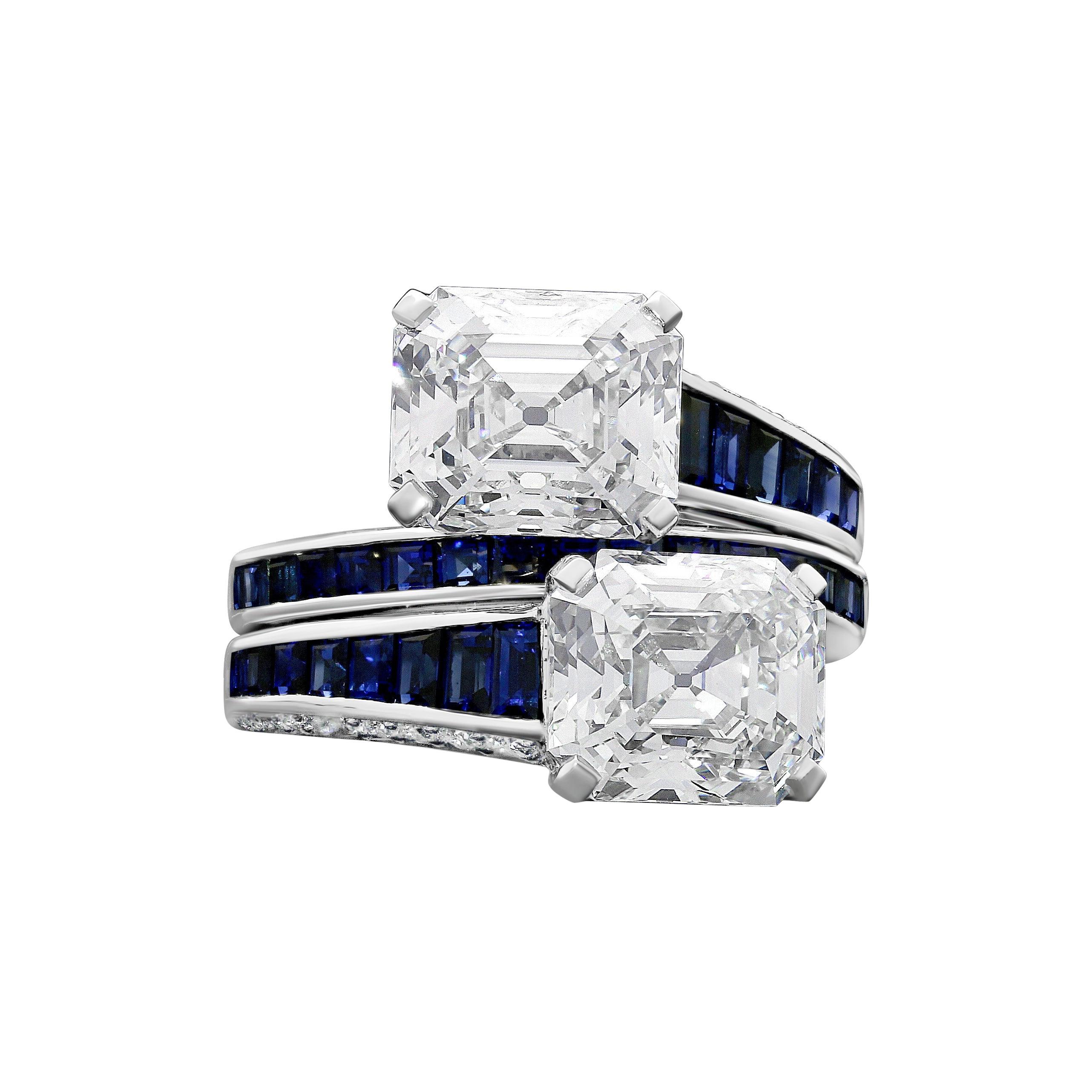 Hancocks 3.18ct & 3.04ct Vintage Emerald-Cut Diamond and Sapphire x Over Ring