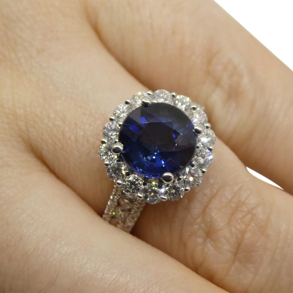  

Introducing our exquisite Sapphire and Diamond Ring, a captivating piece that exudes elegance and sophistication. At its heart sits a breathtaking brilliant-cut sapphire, a mesmerizing gem weighing 3.18 carats. The sapphire, with its stunning