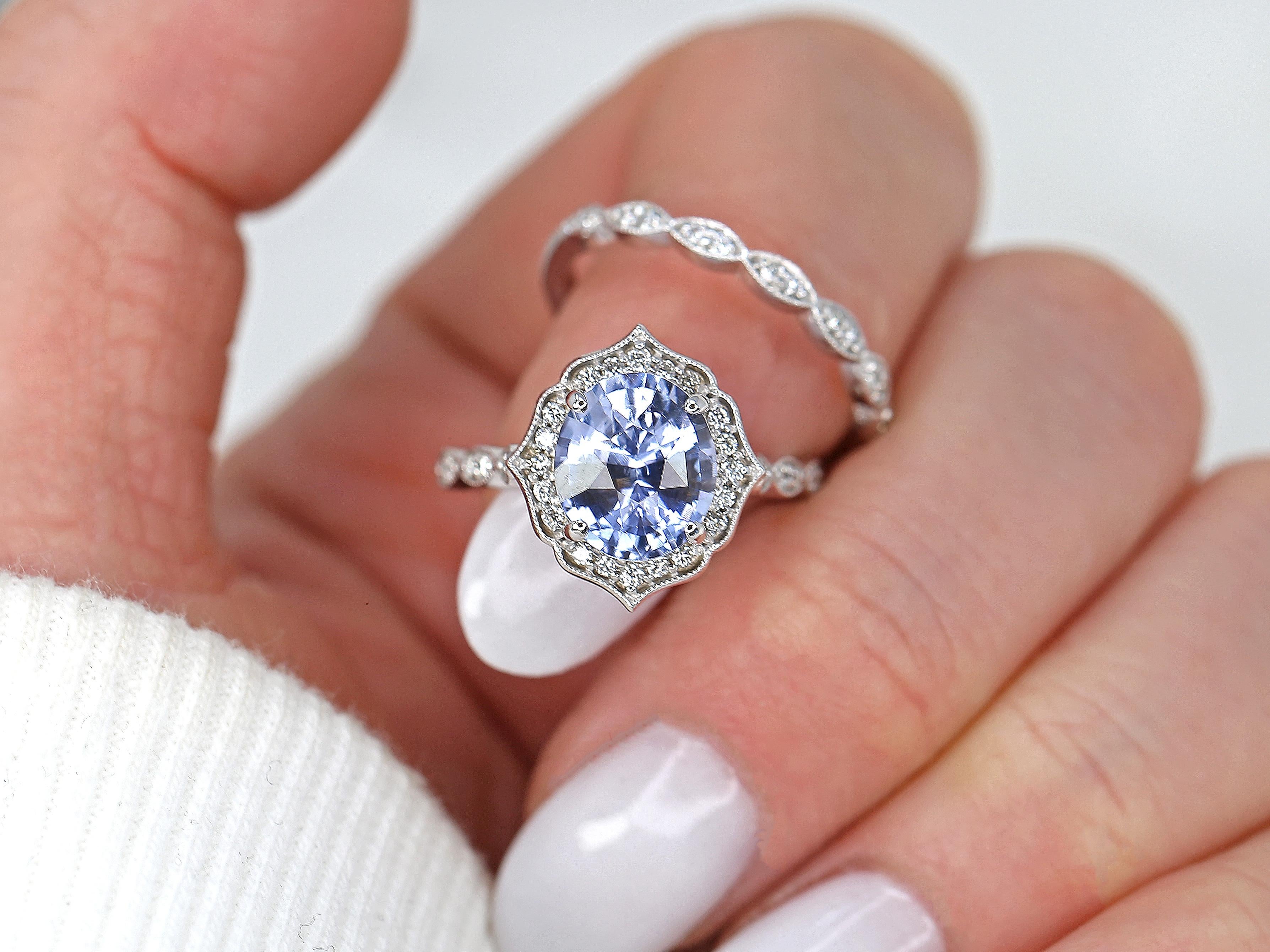 Oval Cut 3.18ct Lana 14kt White Gold Lavender Sapphire Diamond Art Deco Halo Bridal Set For Sale