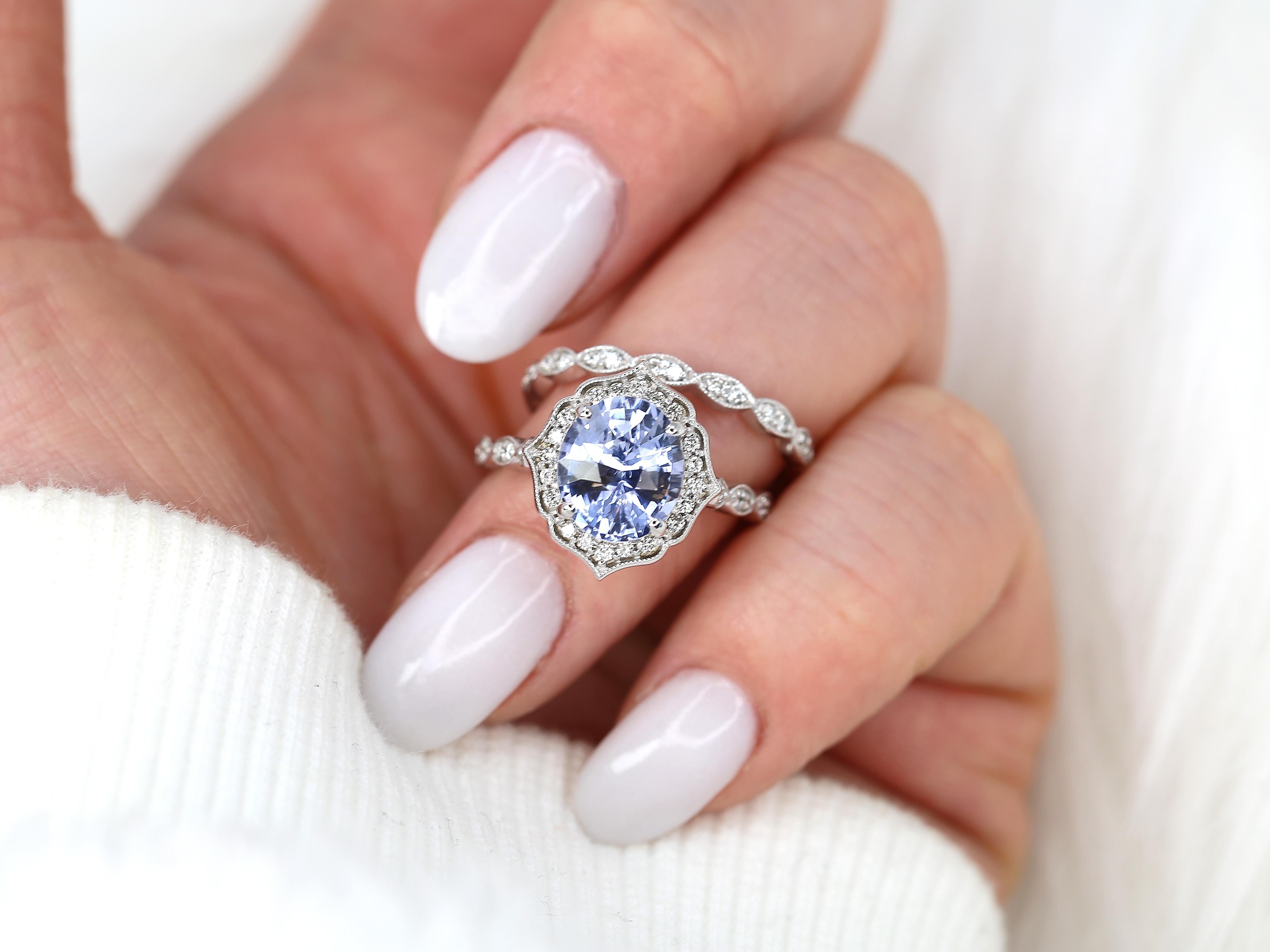 3.18ct Lana 14kt White Gold Lavender Sapphire Diamond Art Deco Halo Bridal Set In New Condition For Sale In Chicago, IL
