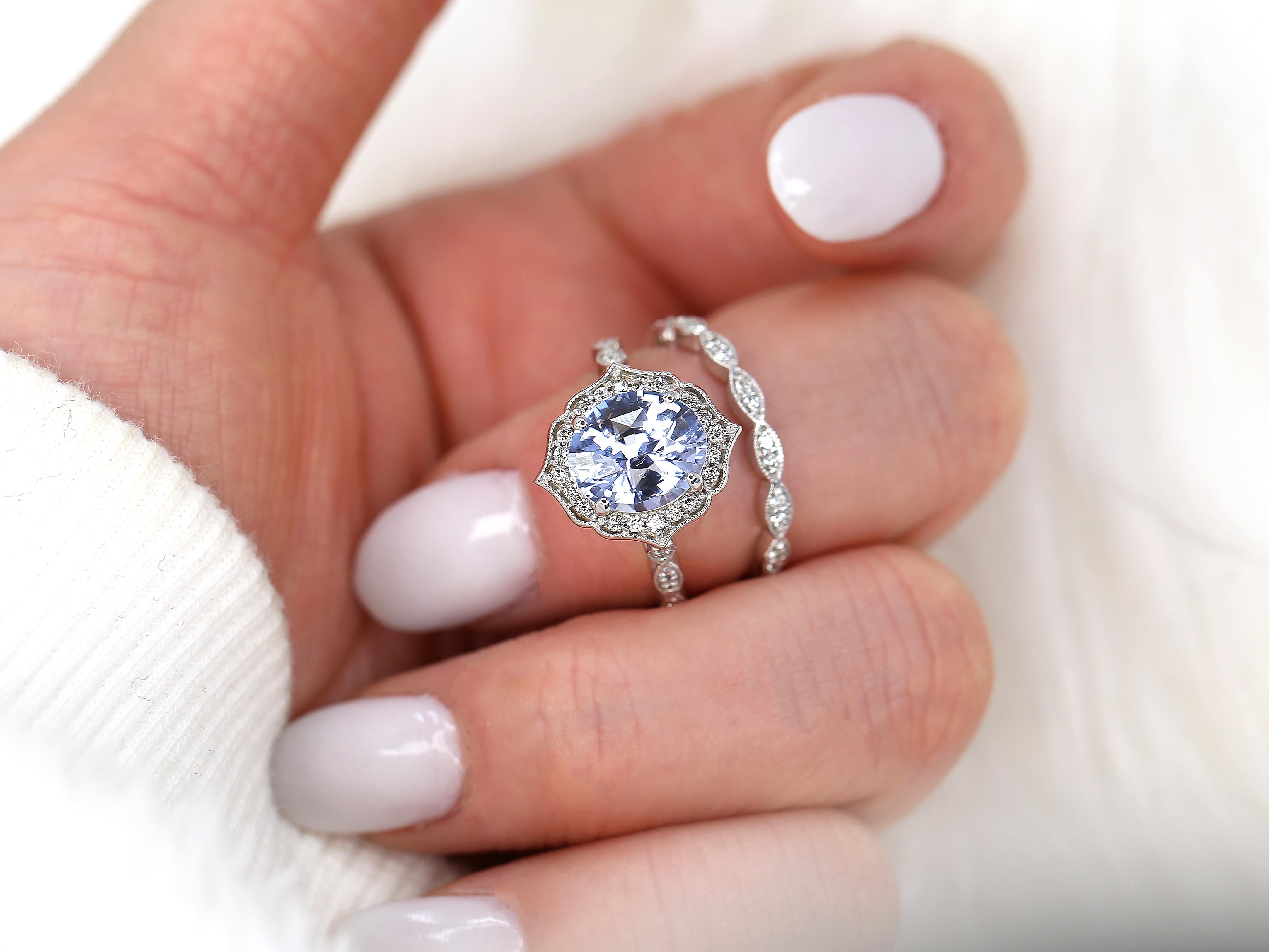 Women's 3.18ct Lana 14kt White Gold Lavender Sapphire Diamond Art Deco Halo Bridal Set For Sale