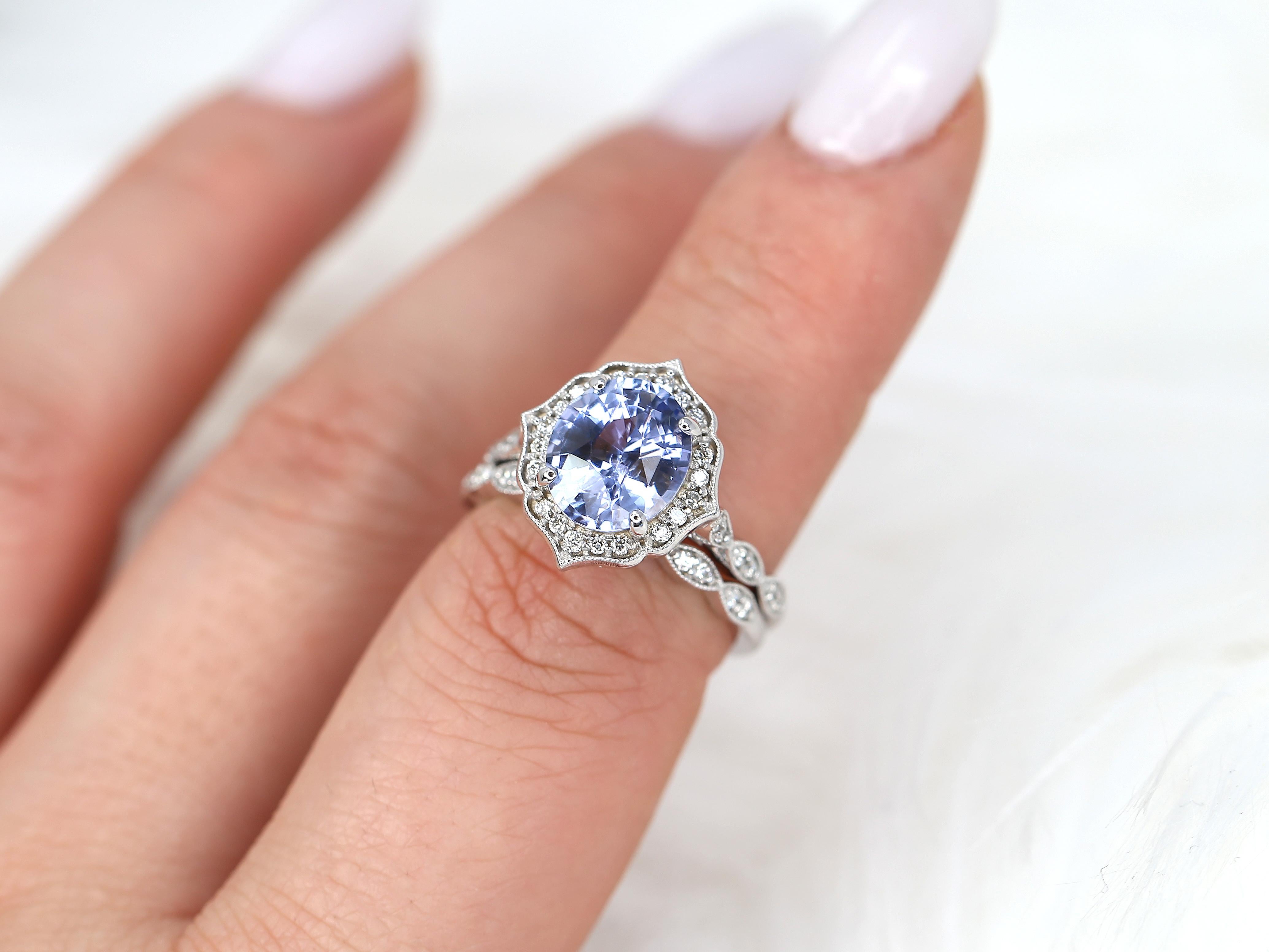 3.18ct Lana 14kt White Gold Lavender Sapphire Diamond Art Deco Halo Bridal Set For Sale 1