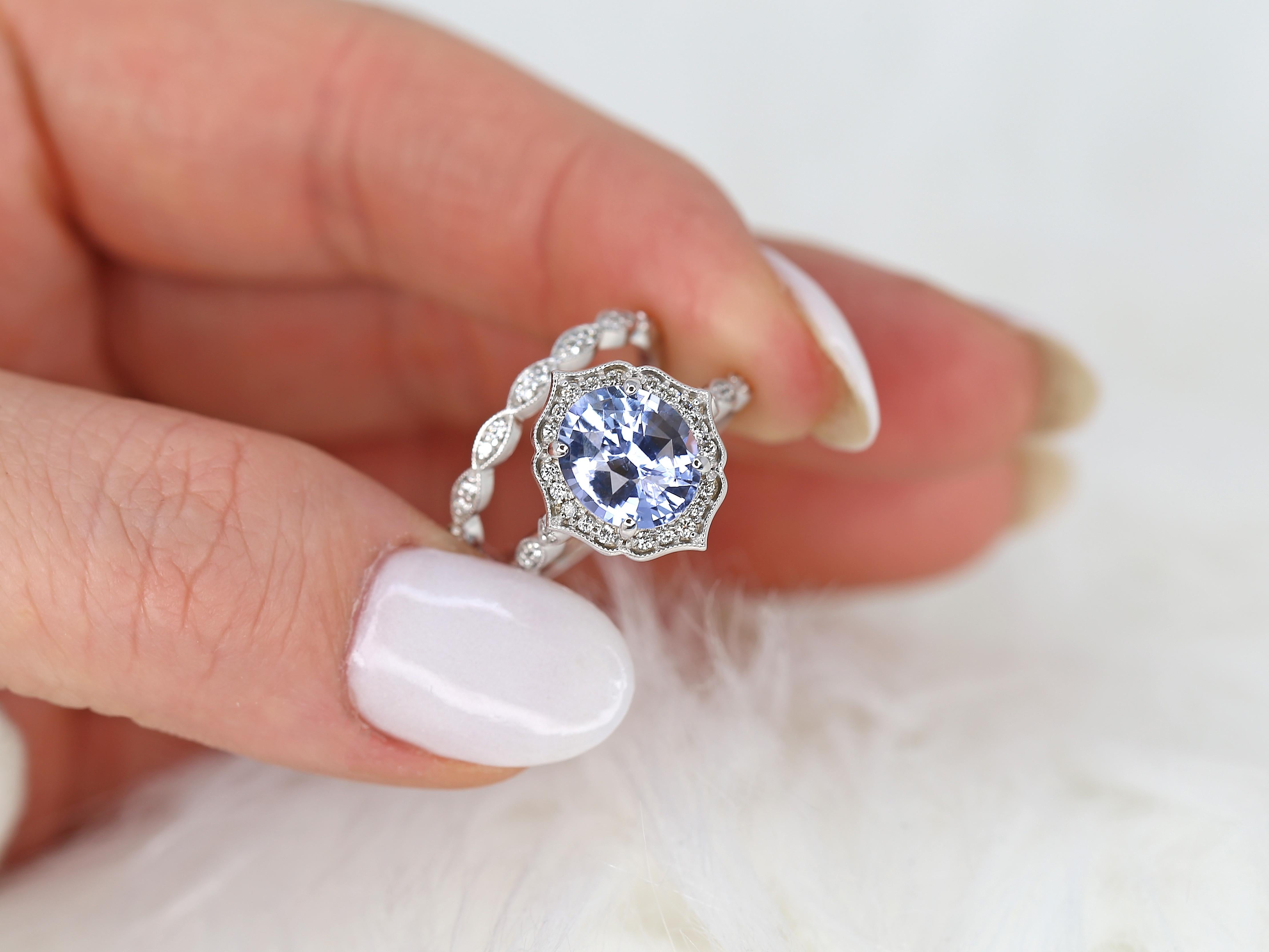 3.18ct Lana 14kt White Gold Lavender Sapphire Diamond Art Deco Halo Bridal Set For Sale 2