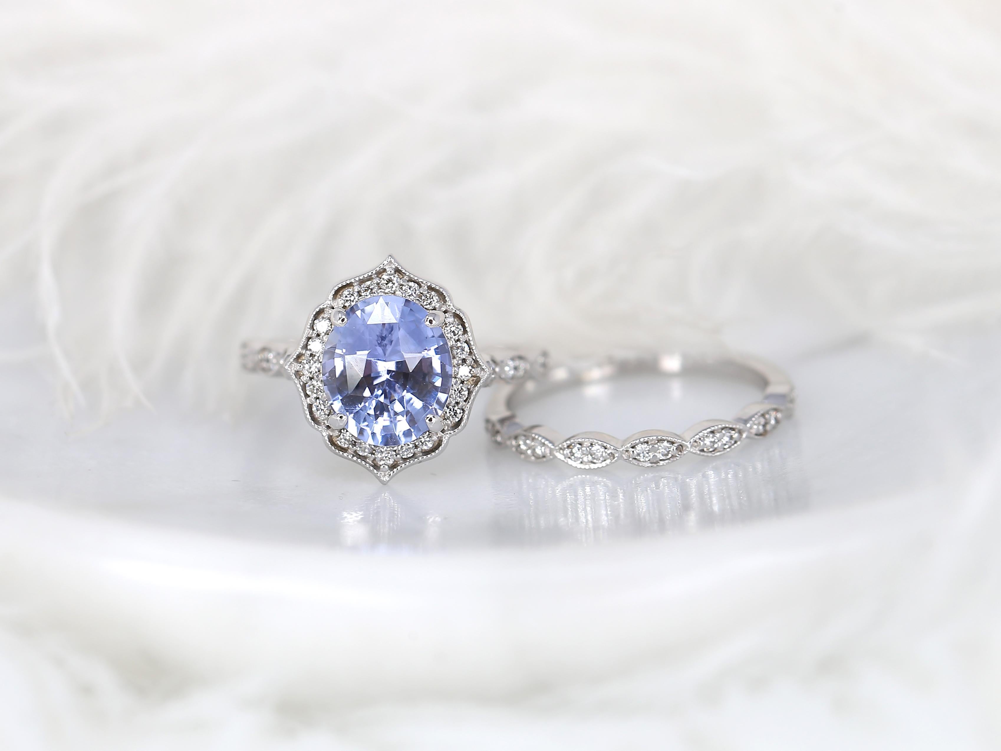 3.18ct Lana 14kt White Gold Lavender Sapphire Diamond Art Deco Halo Bridal Set For Sale 3