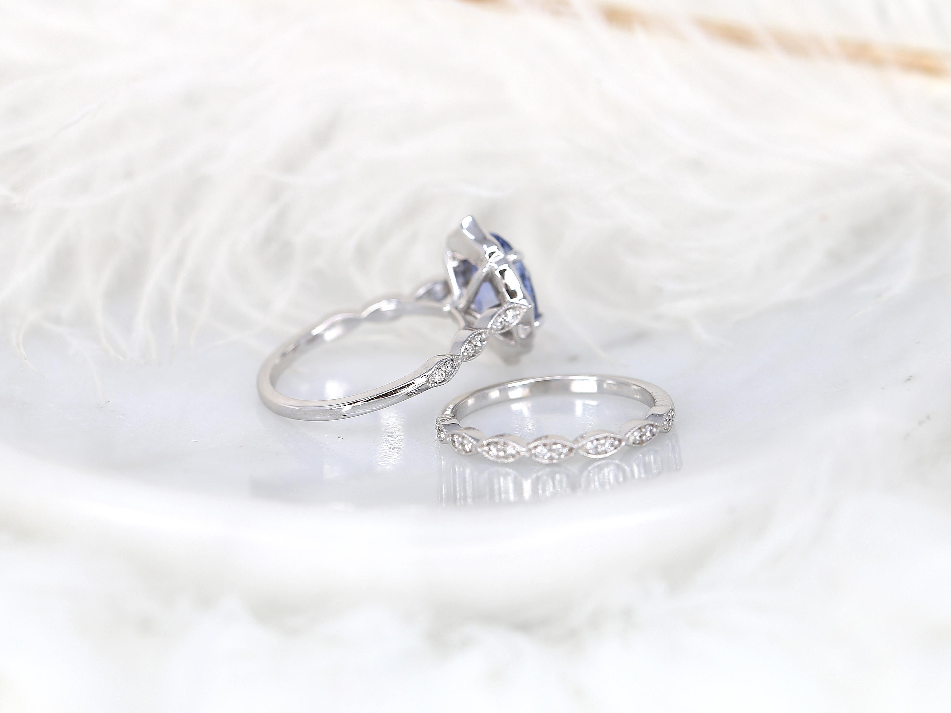 3.18ct Lana 14kt White Gold Lavender Sapphire Diamond Art Deco Halo Bridal Set For Sale 4