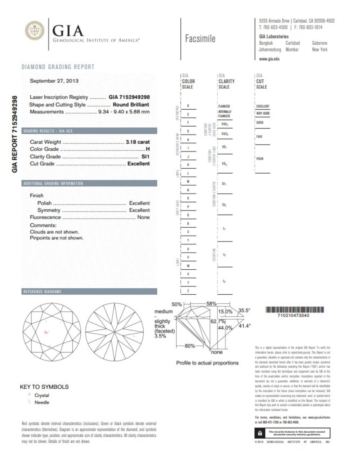 Women's or Men's 3.18ct Round Brilliant Diamond Loose GIA Certified H/SI1, Triple Excellent For Sale