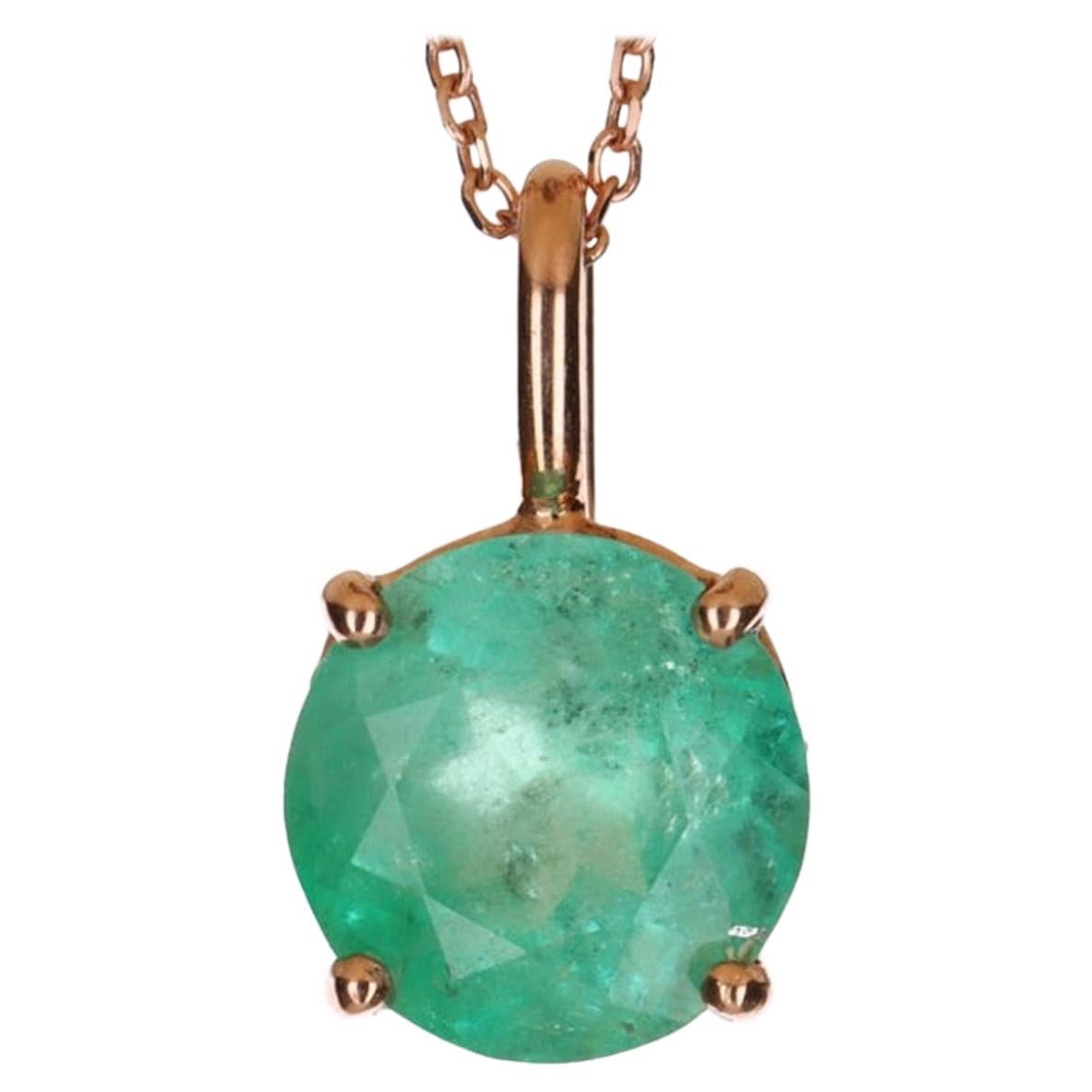 3.19-Carat 14K Colombian Emerald Solitaire Round Cut Rose Gold Pendant