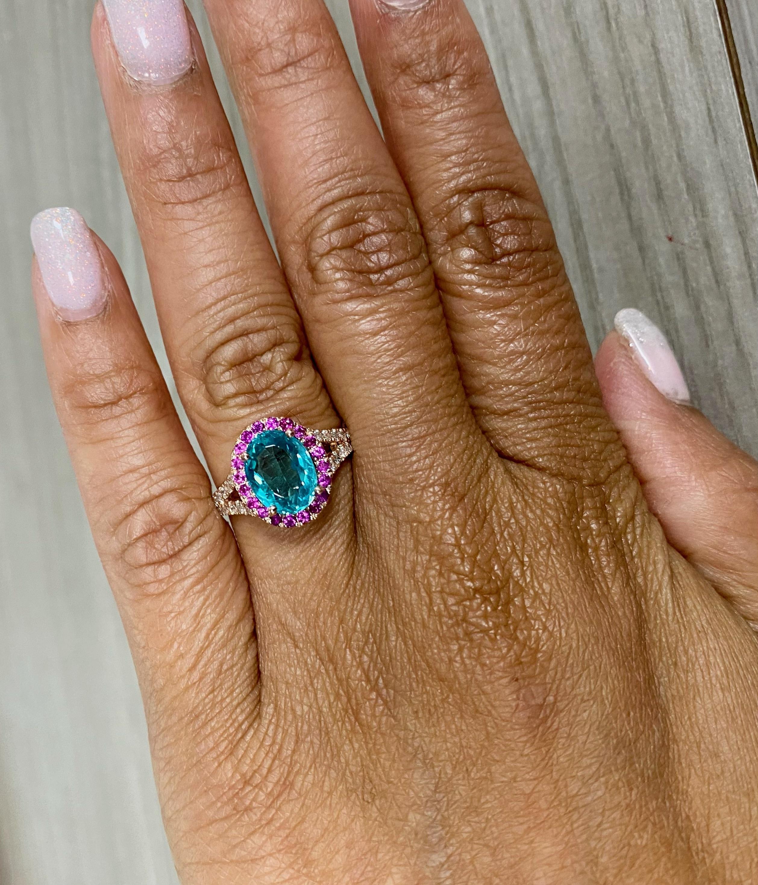 3.19 Carat Apatite Pink Sapphire Diamond 14 Karat Rose Gold Ring In New Condition In Los Angeles, CA