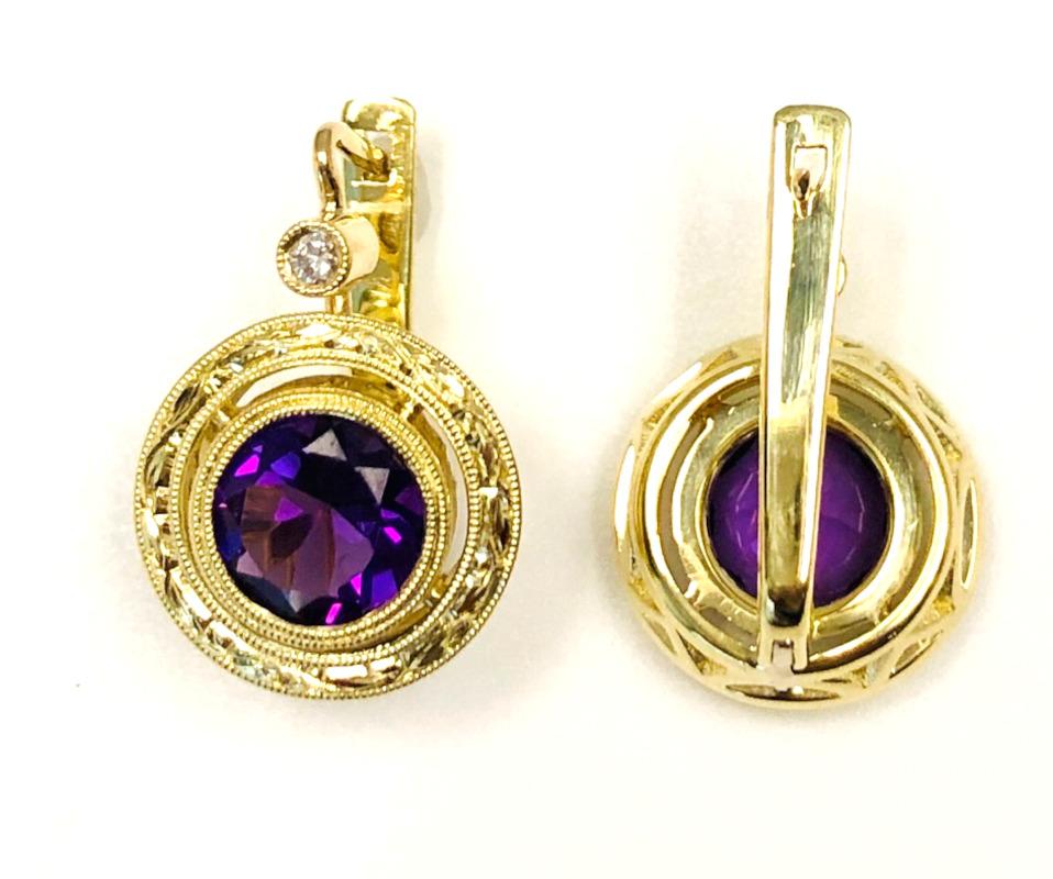 Artisan Amethyst and Diamond Drop Earrings in Hand Engraved Yellow Gold Bezels  For Sale