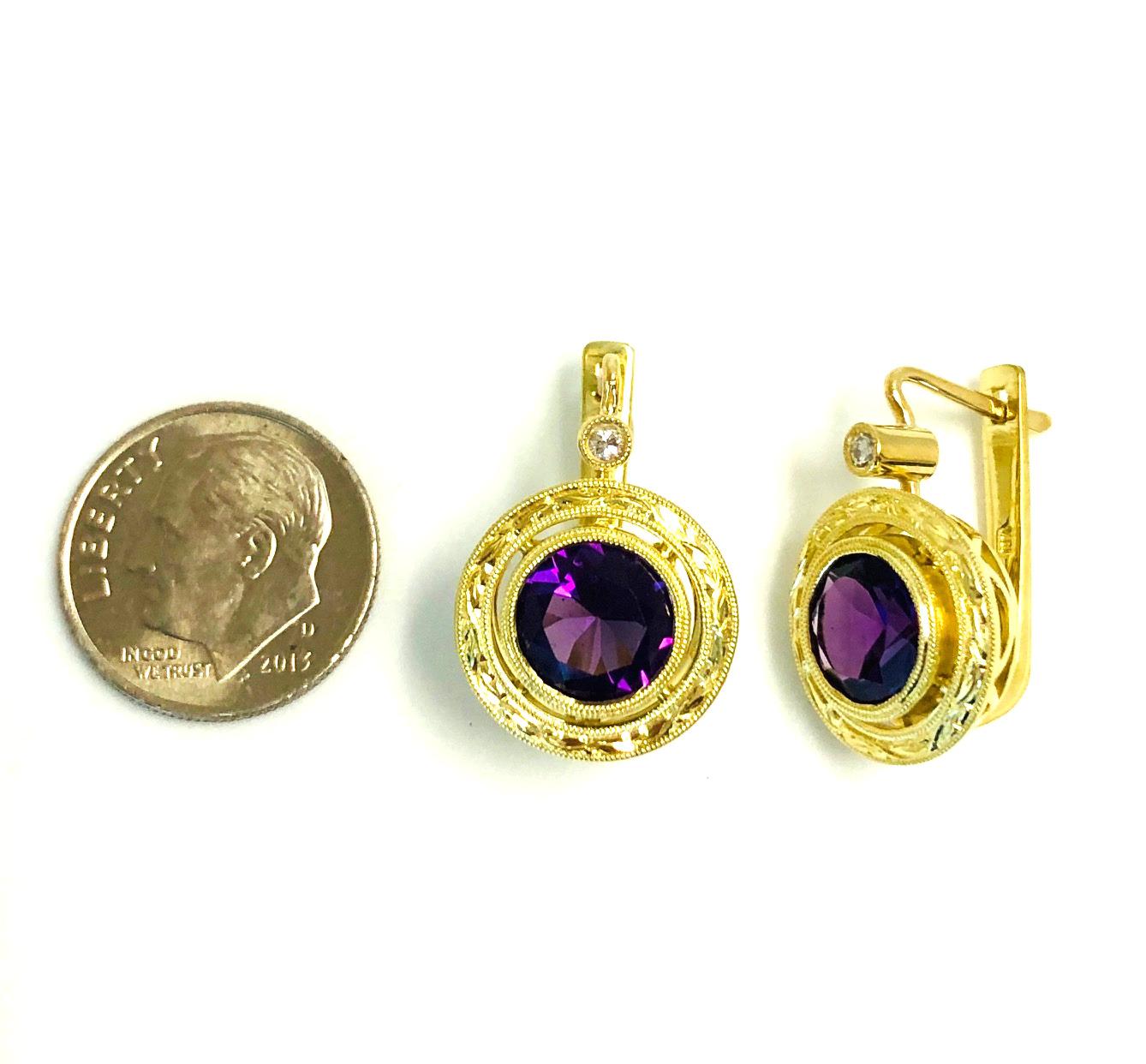 Round Cut Amethyst and Diamond Drop Earrings in Hand Engraved Yellow Gold Bezels  For Sale