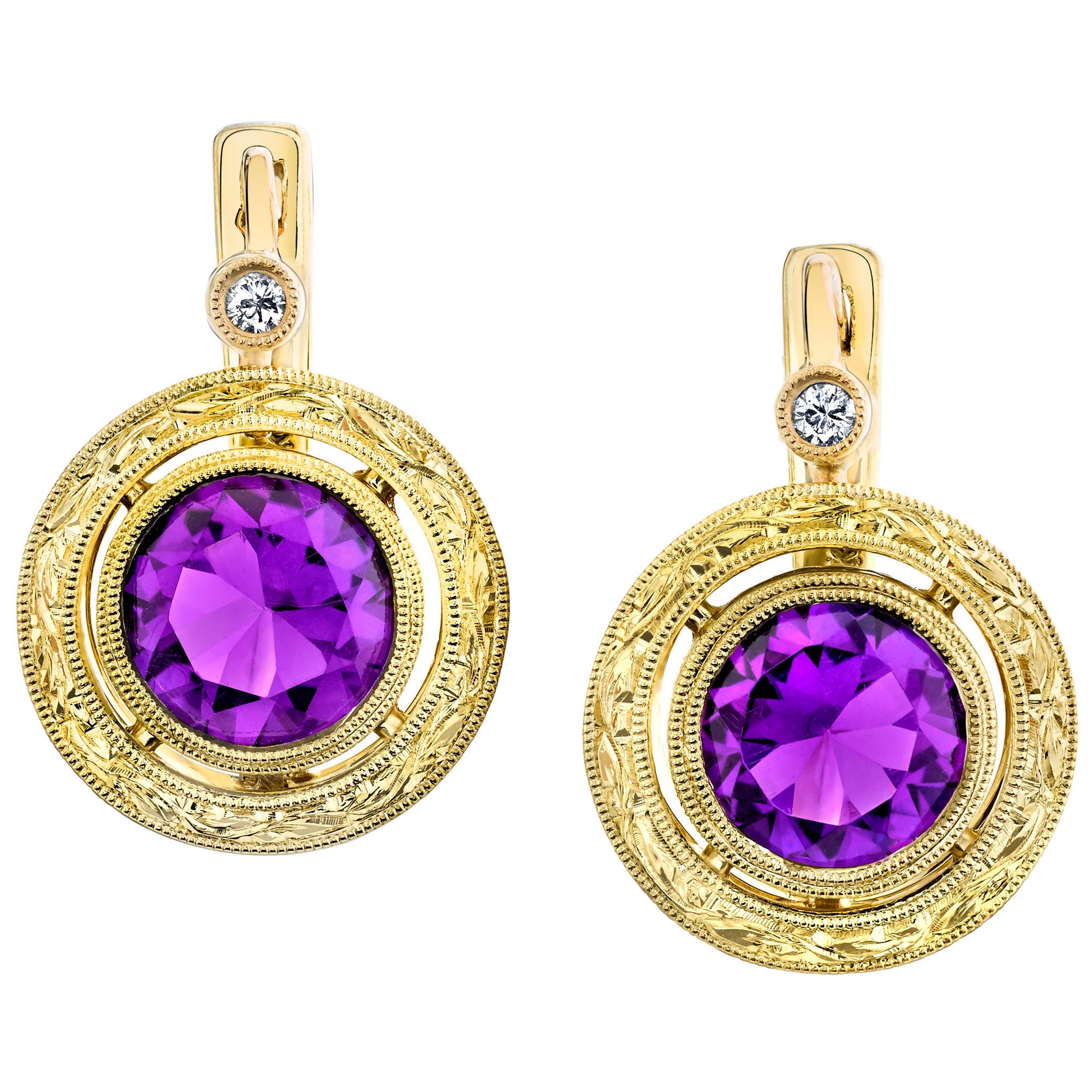 Amethyst and Diamond Drop Earrings in Hand Engraved Yellow Gold Bezels 