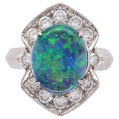 3.19 Carat Black Opal and Diamond Platinum Cocktail Ring Estate Fine Jewelry