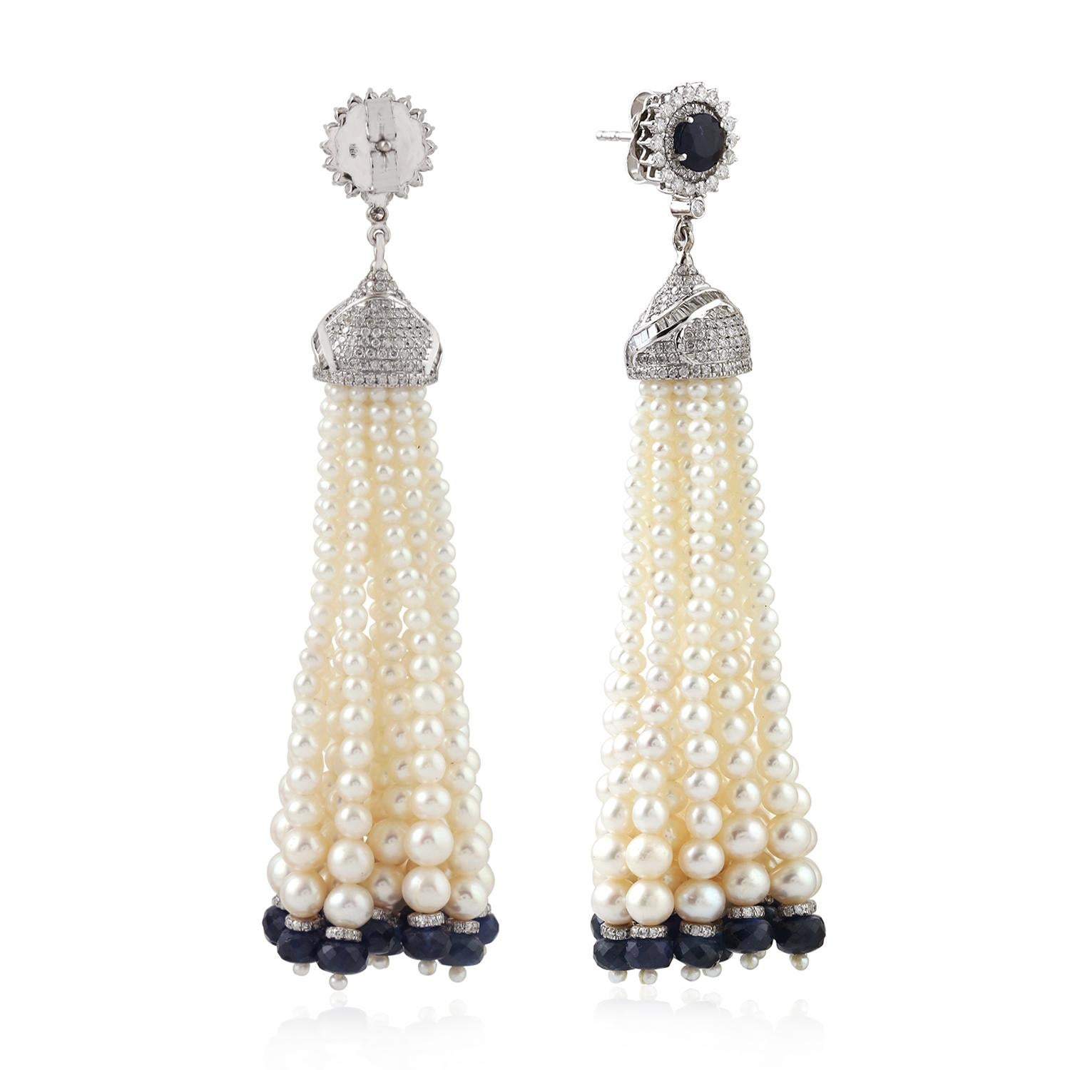 Contemporary 31.9 Carat Blue Sapphire Diamond Pearl 18 Karat Gold Tassel Earrings For Sale