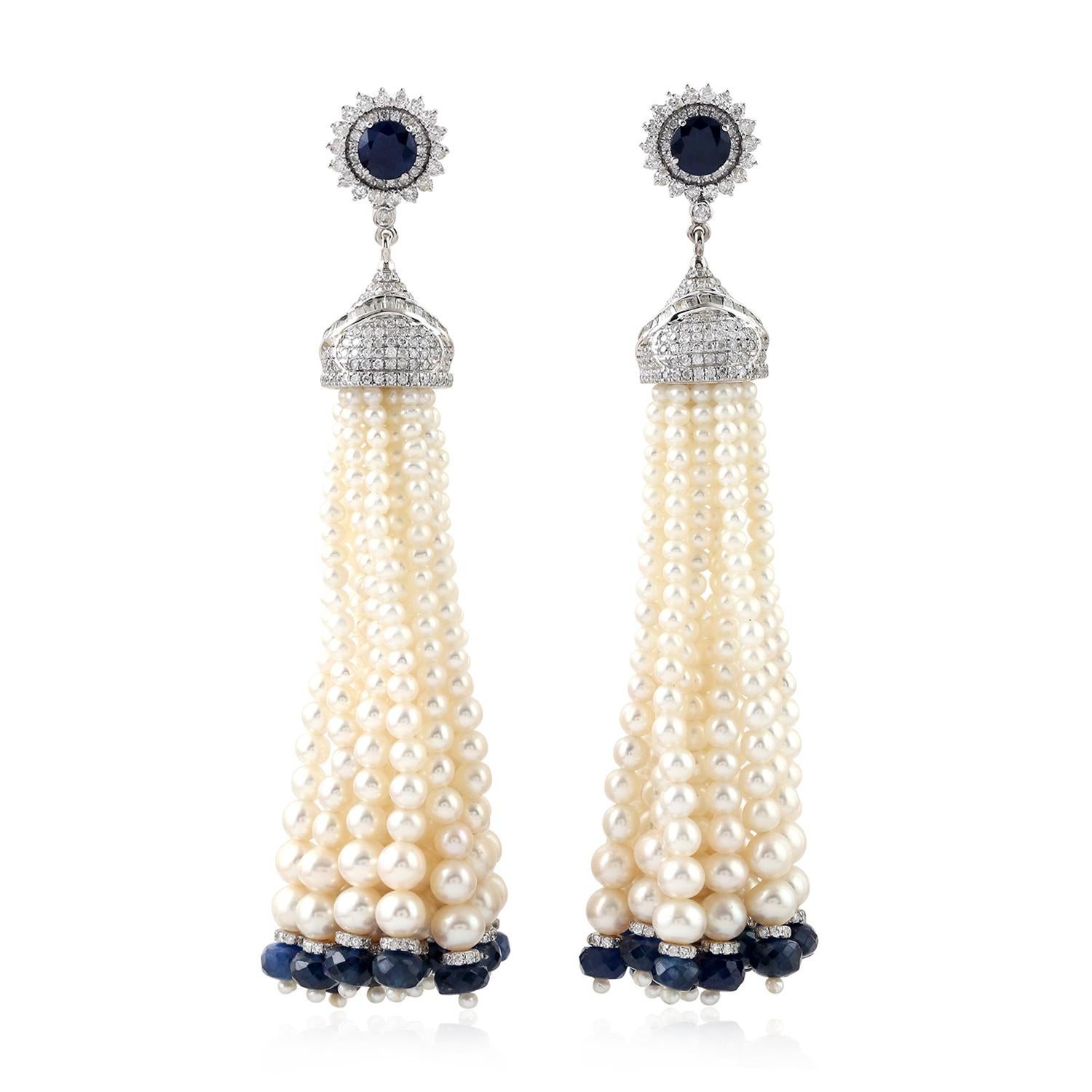 Bead 31.9 Carat Blue Sapphire Diamond Pearl 18 Karat Gold Tassel Earrings For Sale