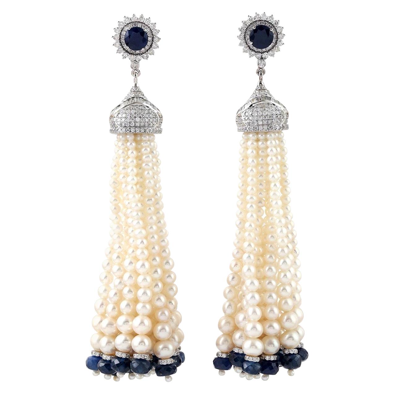 31.9 Carat Blue Sapphire Diamond Pearl 18 Karat Gold Tassel Earrings