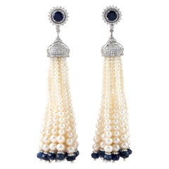 31.9 Carat Blue Sapphire Diamond Pearl 18 Karat Gold Tassel Earrings