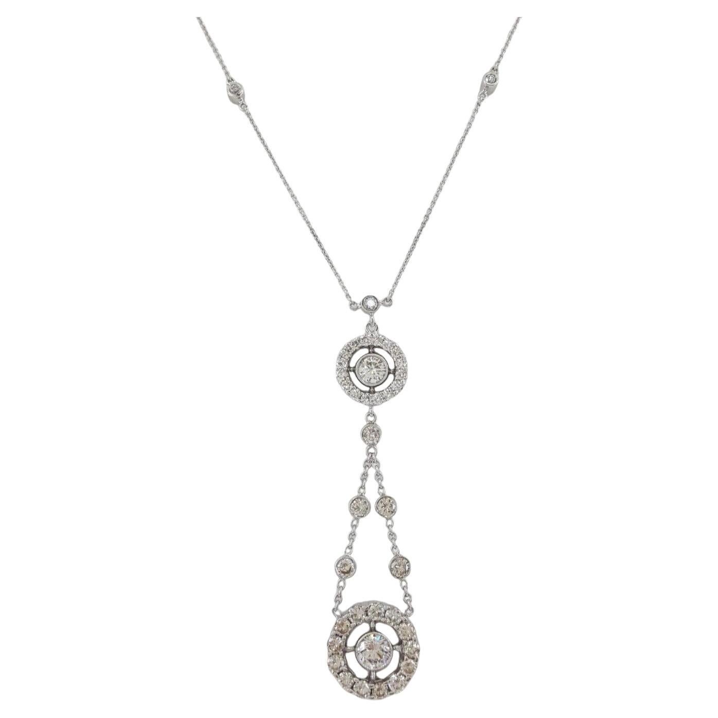3.19 Carat Diamond Halo Y-Drop 14K White Gold Necklace