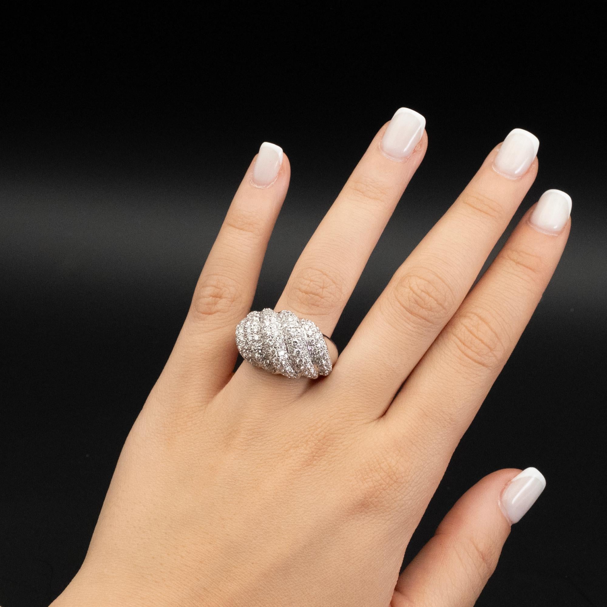 Women's 3.19 Carat Diamond Pavé Dome Ring in 18K White Gold with Godron Design For Sale