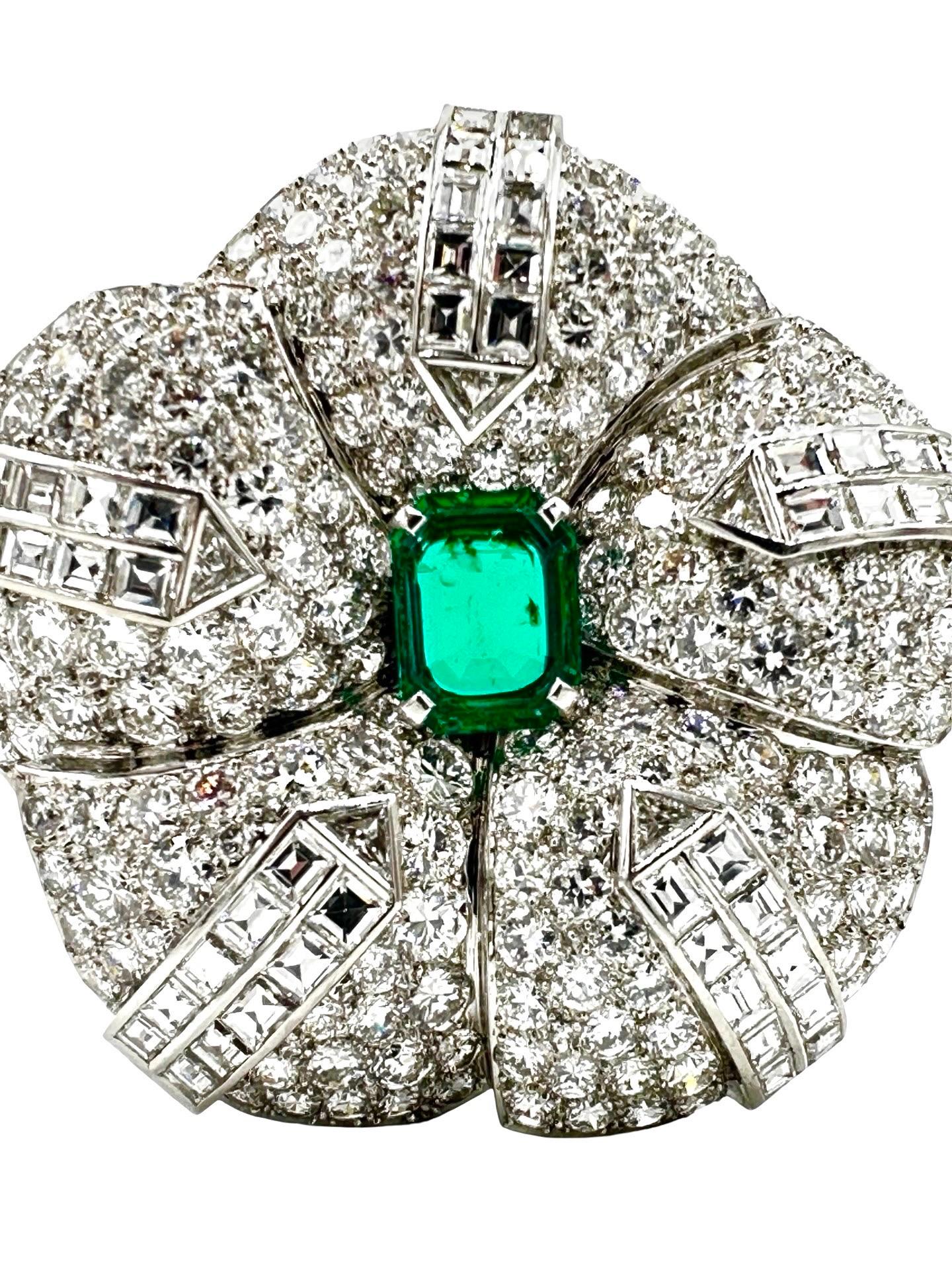Modernist 3.19 Carat Emerald & 15.45 Carats in Diamond Platinum Brooch For Sale