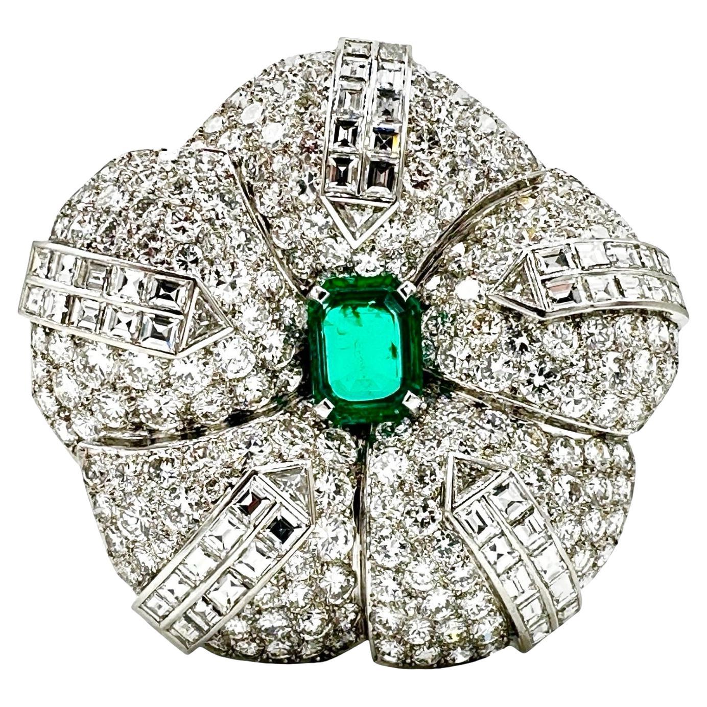 3.19 Carat Emerald & 15.45 Carats in Diamond Platinum Brooch