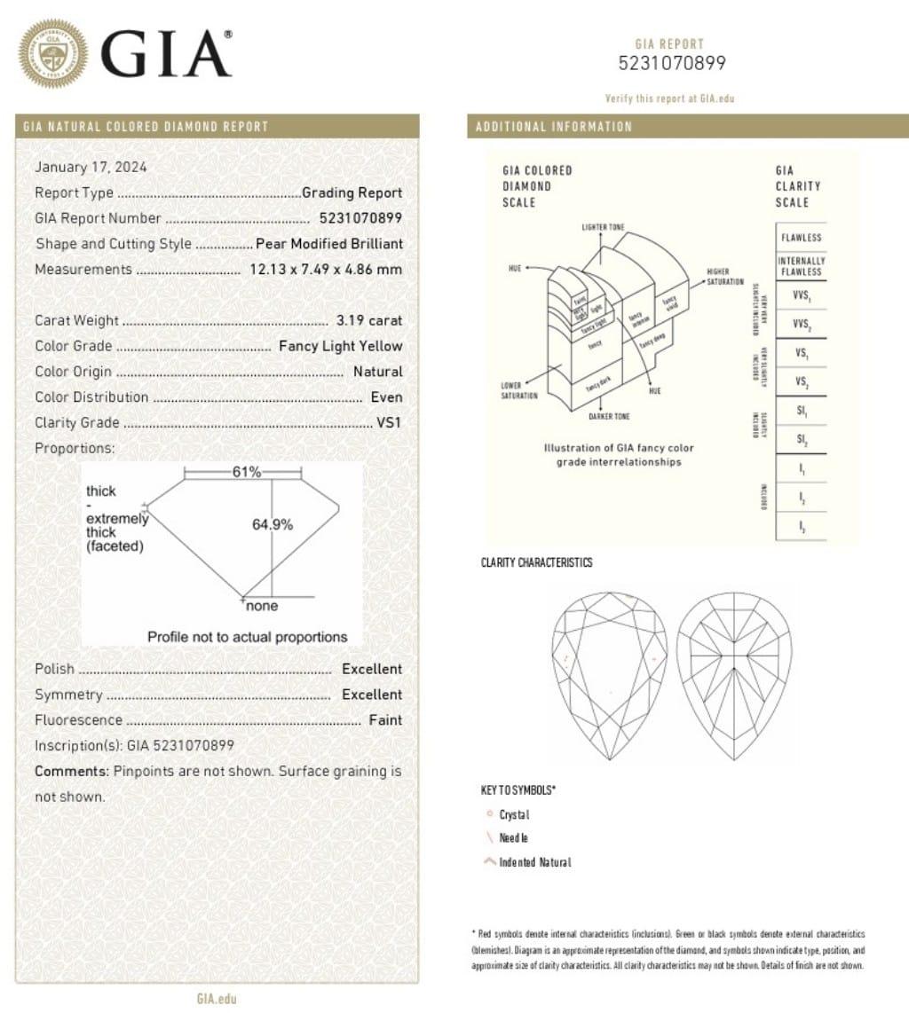 3.19 Carat Fancy Light Yellow Pear cut diamond VS1 Clarity GIA Certified  For Sale 1