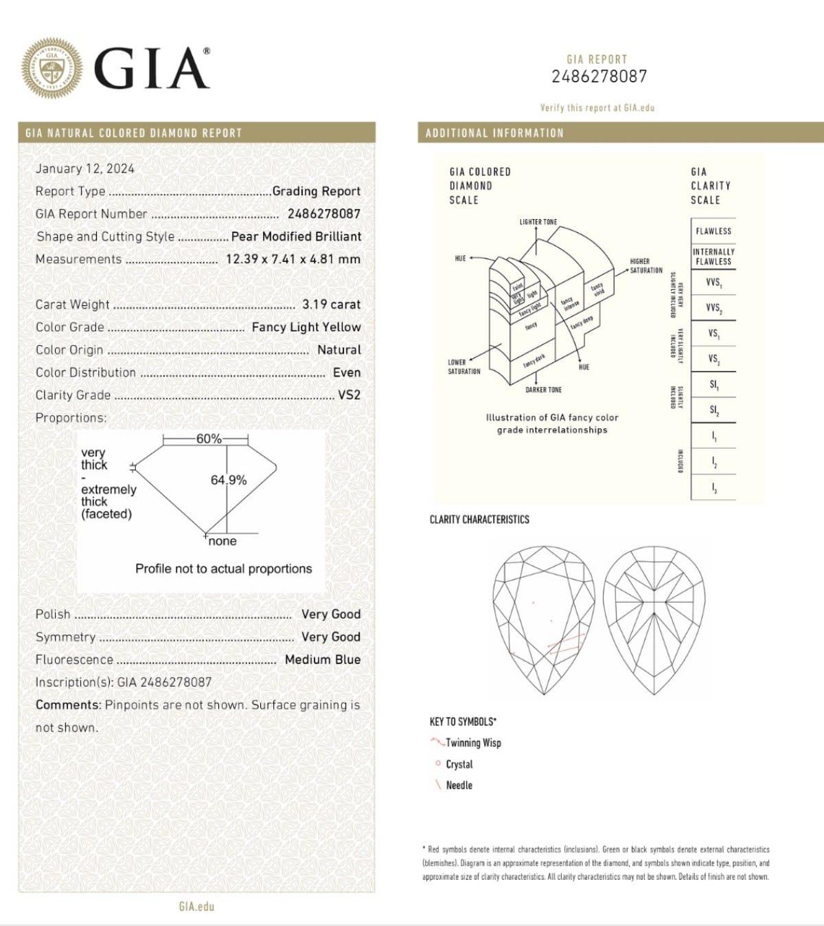 3.19 Carat Fancy Light Yellow Pear VS2 Clarity GIA Certified For Sale 1
