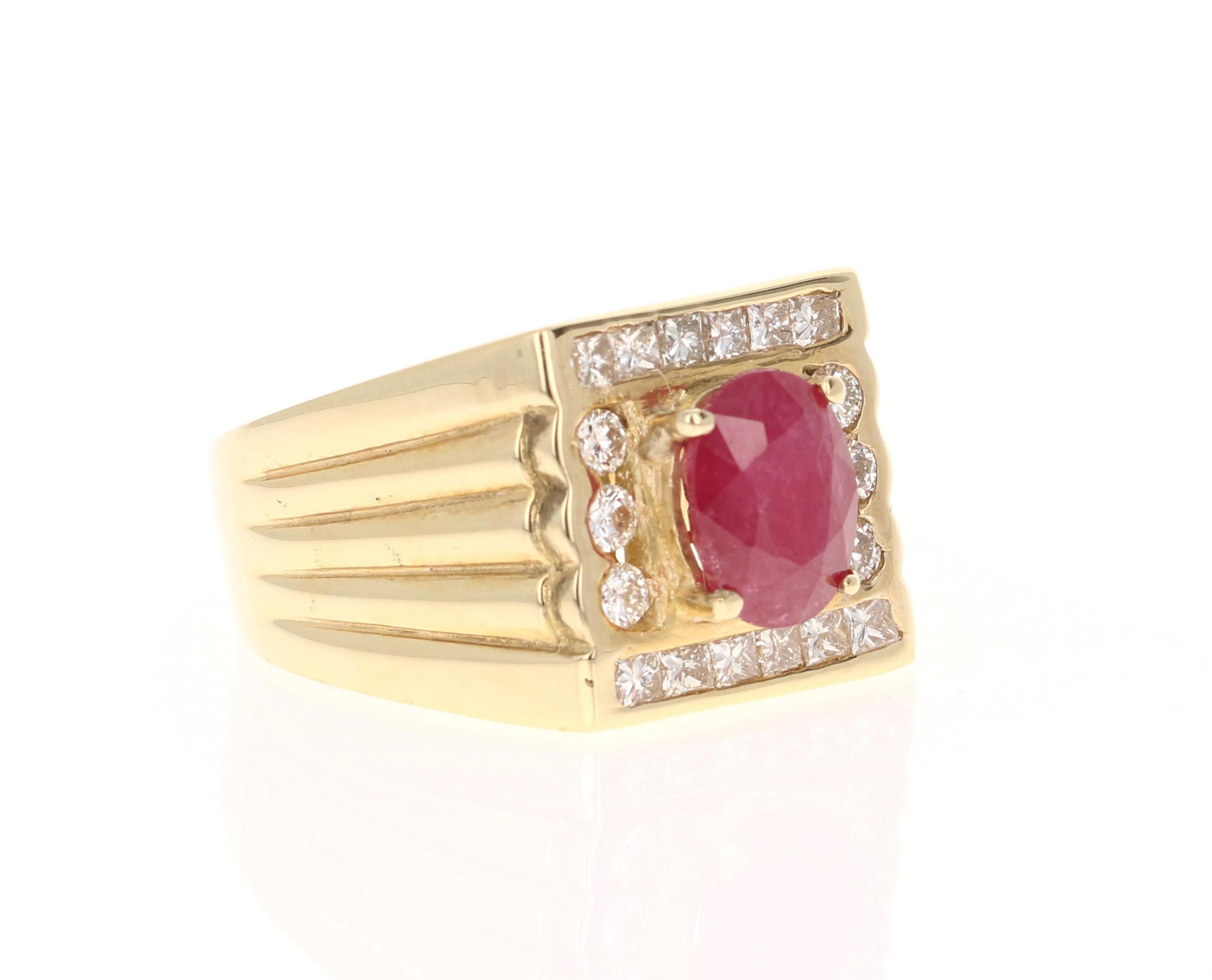 This amazing piece is set with a beautiful oval cut Ruby that weighs 2.45 Carats and has 12 Princess Cut Diamonds that weighs 0.46 Carats and 6 Round Cut Diamonds that weigh 0.28 Carats. The Total Carat Weight of the ring is 3.19 Carats. 

It is