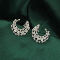 3.19 Carat Natural Pear & Marquise Diamond Crescent Hoop Earrings 18K White Gold