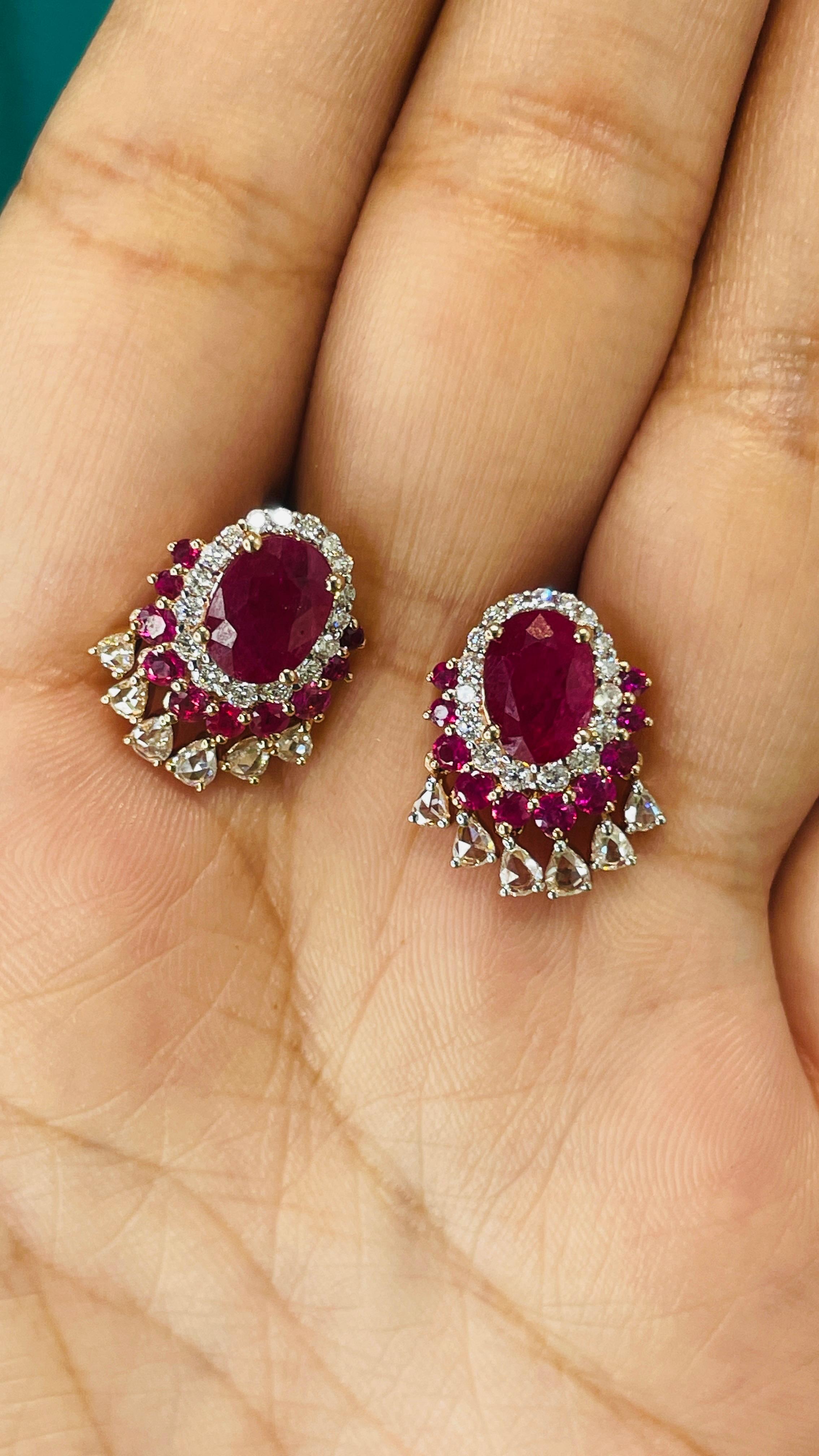 Earrings create a subtle beauty while showcasing the colors of the natural precious gemstones and illuminating diamonds making a statement. These are the great bridesmaid, wedding or christmas gift for anyone on your list.

Oval cut ruby and diamond