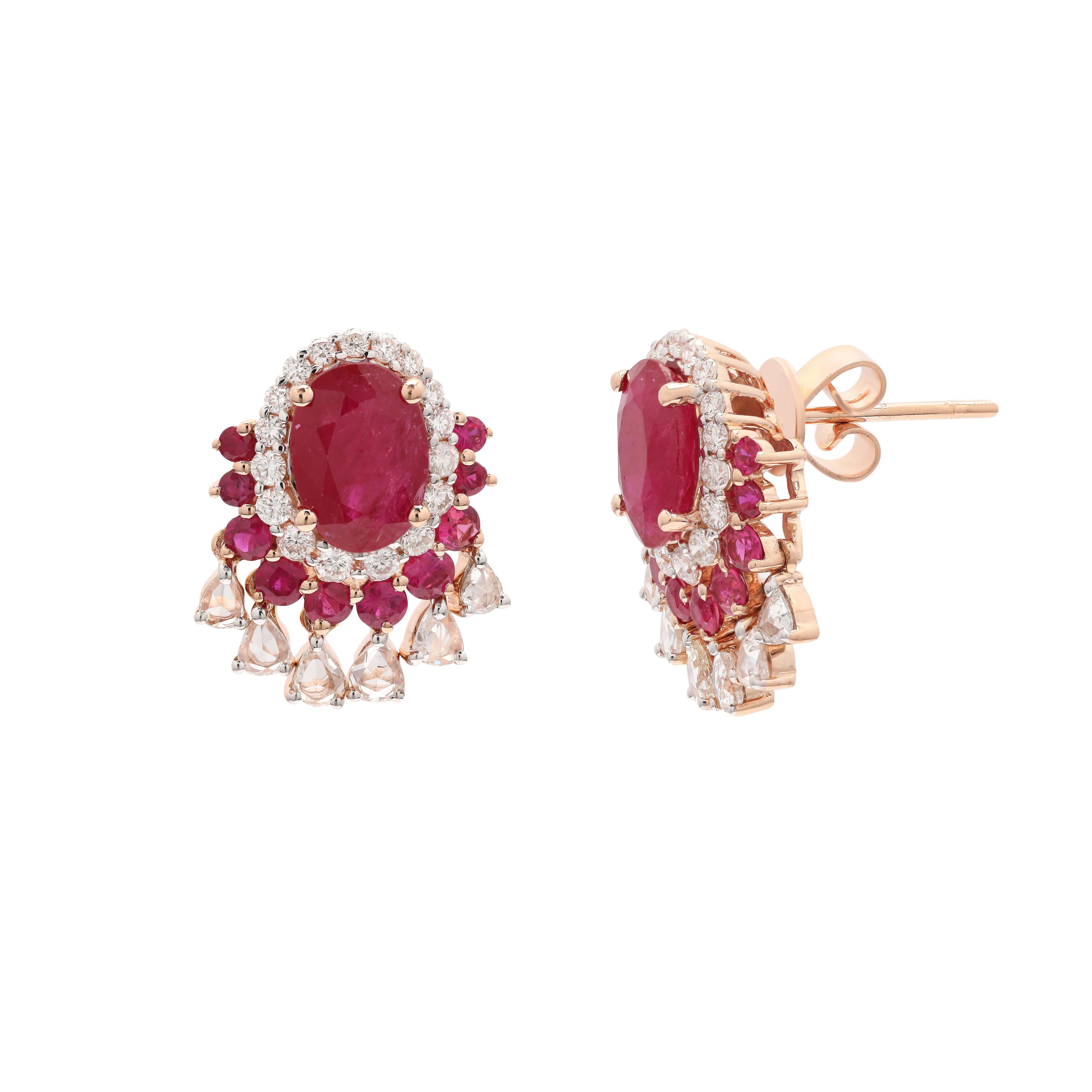 Anglo-Indian 3.19 Carat Natural Ruby Stud Earrings in 14k Rose Gold with Diamonds for Wedding For Sale