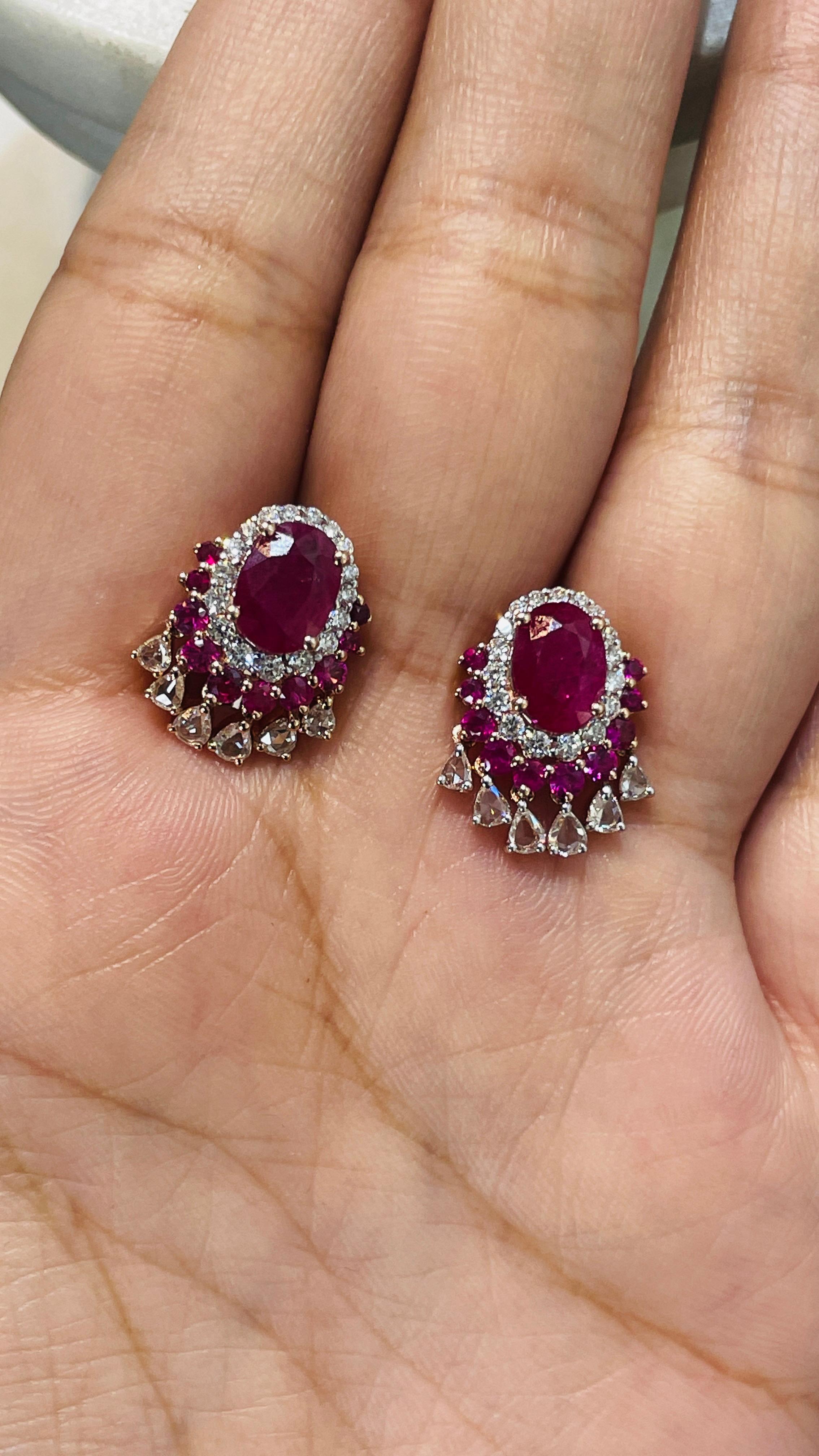 3.19 Carat Natural Ruby Stud Earrings in 14k Rose Gold with Diamonds for Wedding In New Condition For Sale In Houston, TX