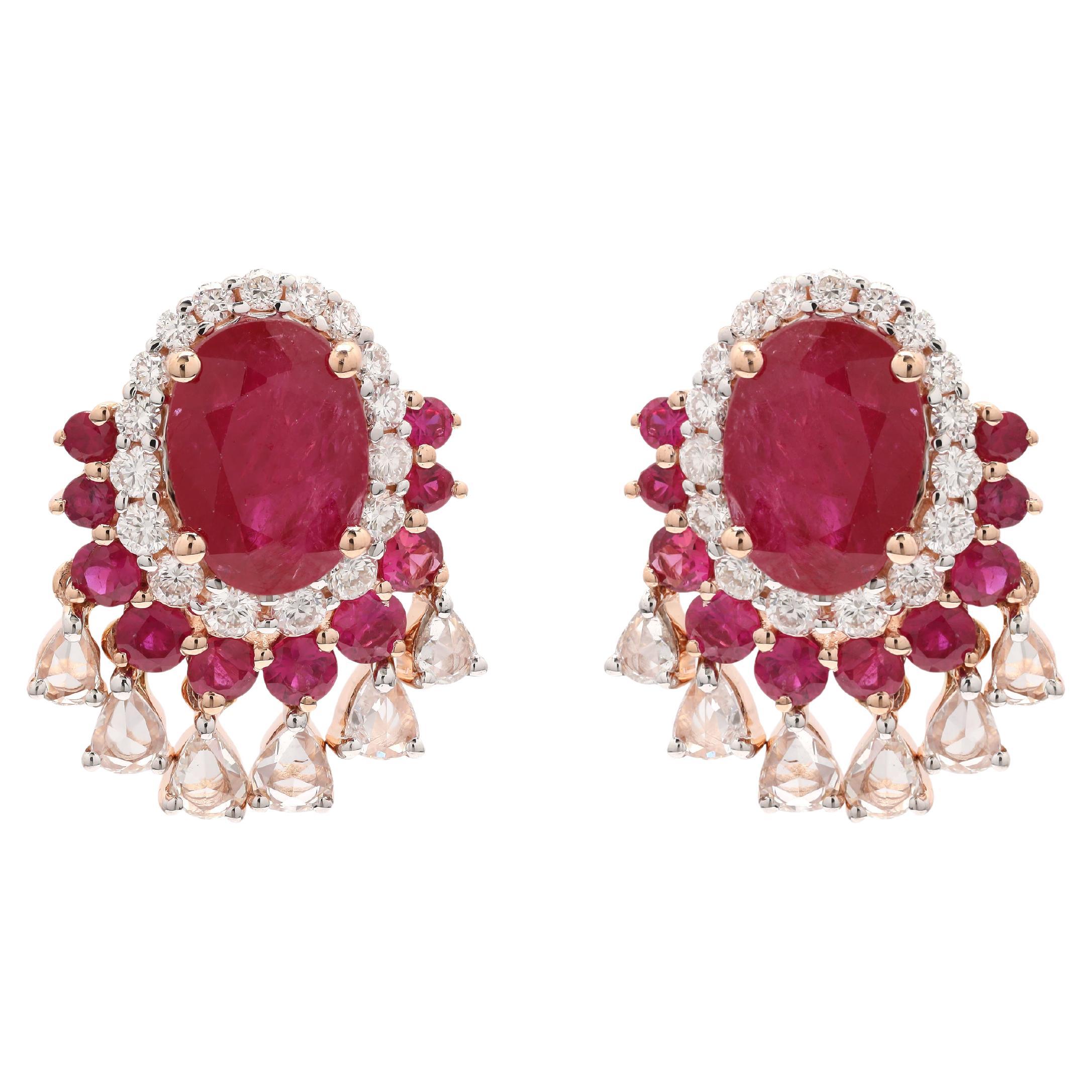 3.19 Carat Natural Ruby Stud Earrings in 14k Rose Gold with Diamonds for Wedding For Sale