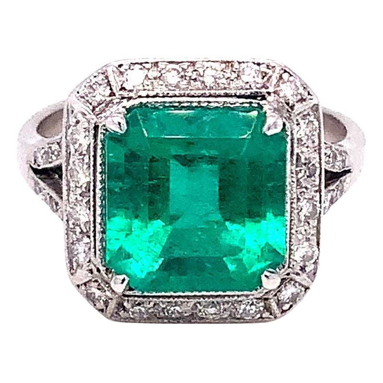 Esmeralda vintage de 3,19 quilates y anillo de diamantes engastados en oro blanco de 18 quilates
